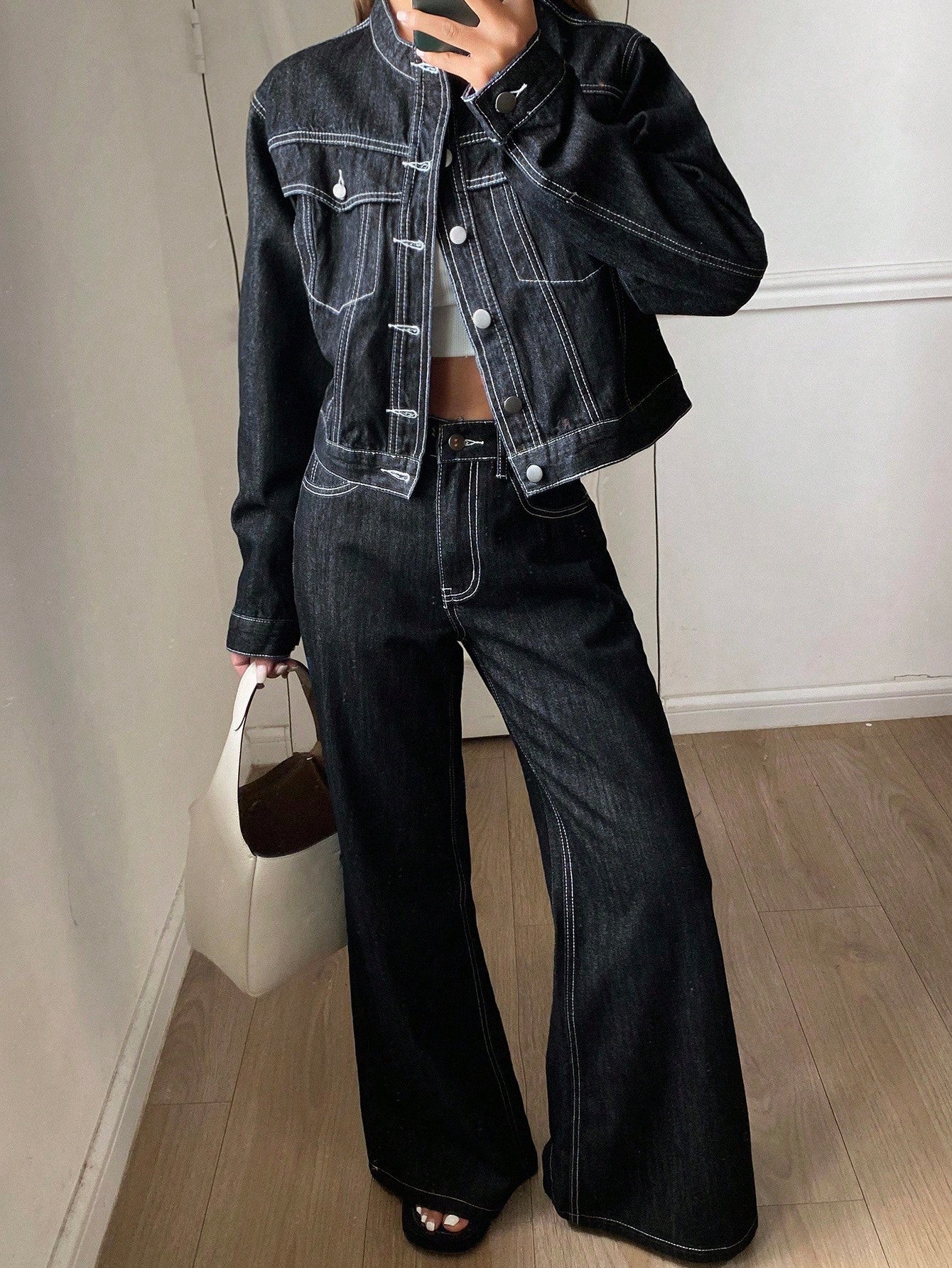 CM-SS778645 Women Casual Seoul Style Round Neck Long Sleeve Denim Jacket With Flared Leg Jeans - Set