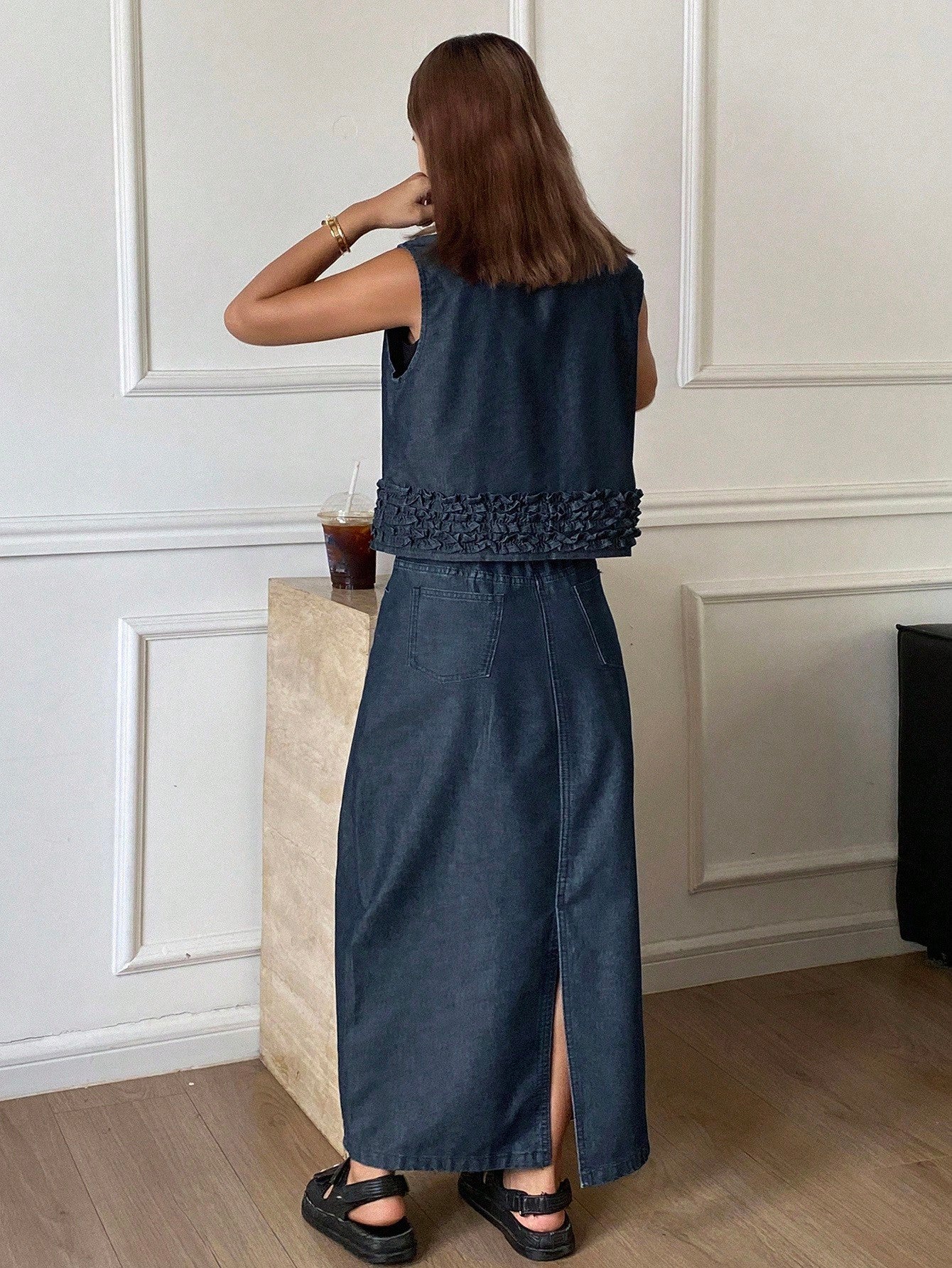 CM-SS761969 Women Casual Seoul Style Round Neck Ruffle Trim Sleeveless Denim Cardigan With Straight Long Skirt - Set