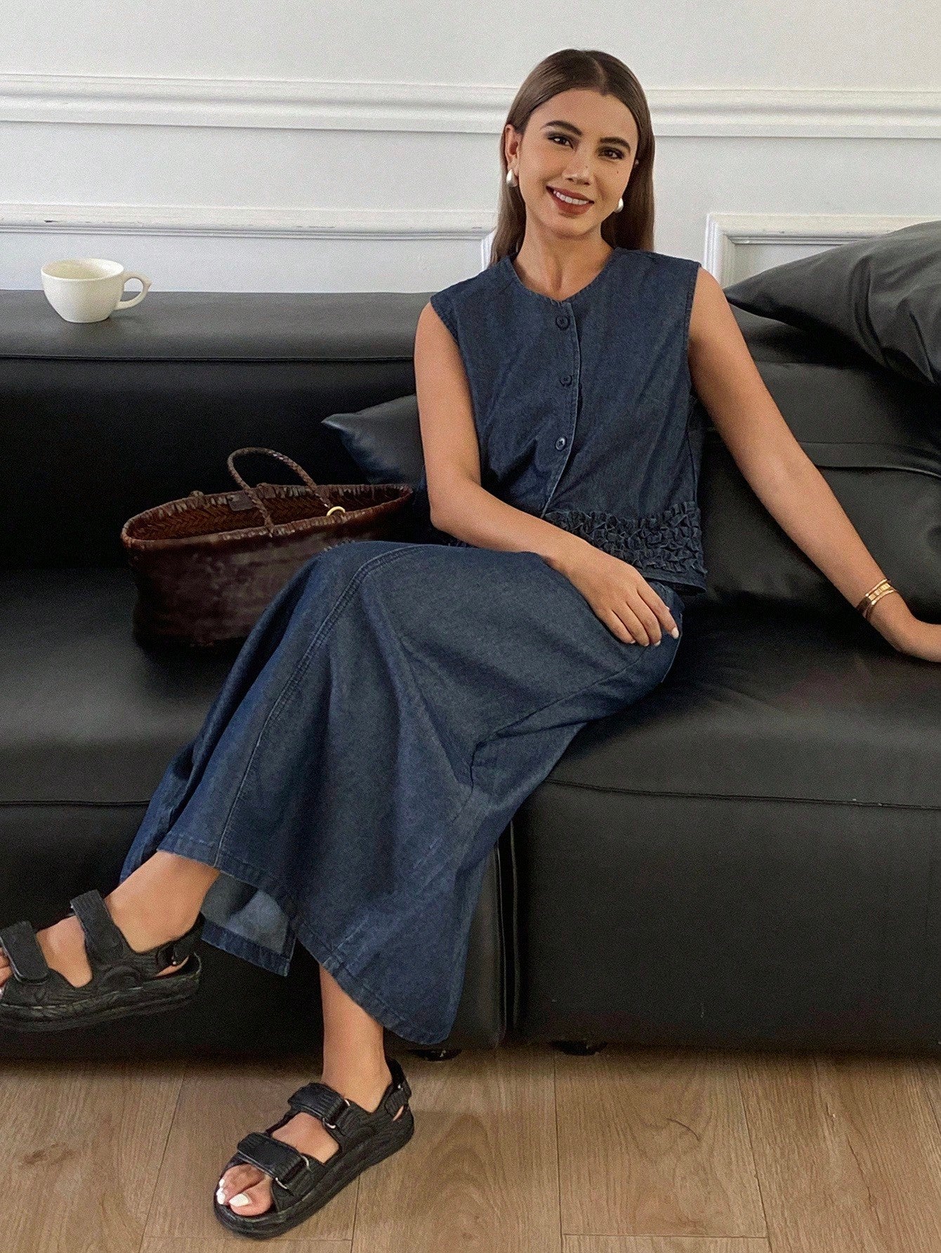 CM-SS761969 Women Casual Seoul Style Round Neck Ruffle Trim Sleeveless Denim Cardigan With Straight Long Skirt - Set