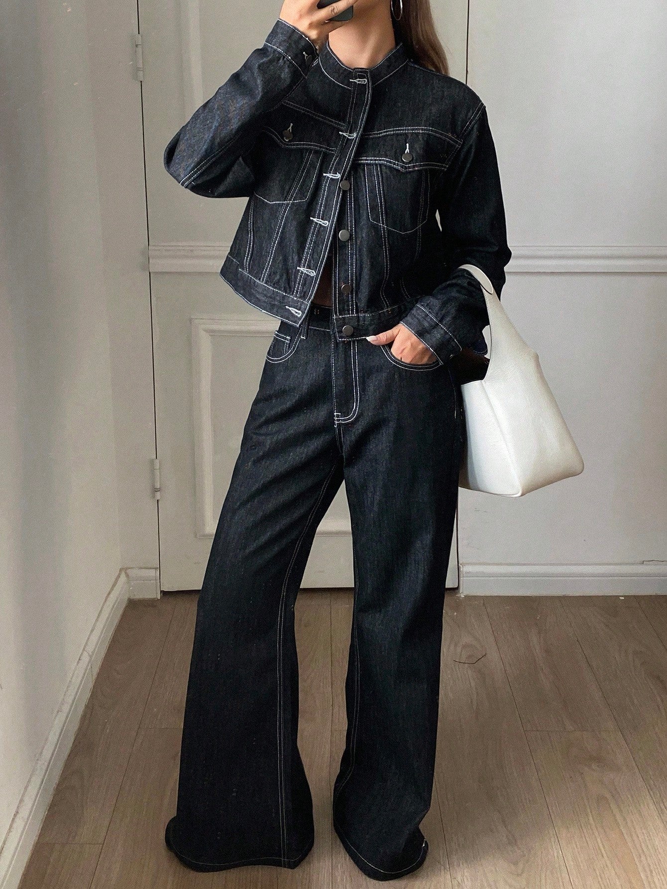 CM-SS778645 Women Casual Seoul Style Round Neck Long Sleeve Denim Jacket With Flared Leg Jeans - Set