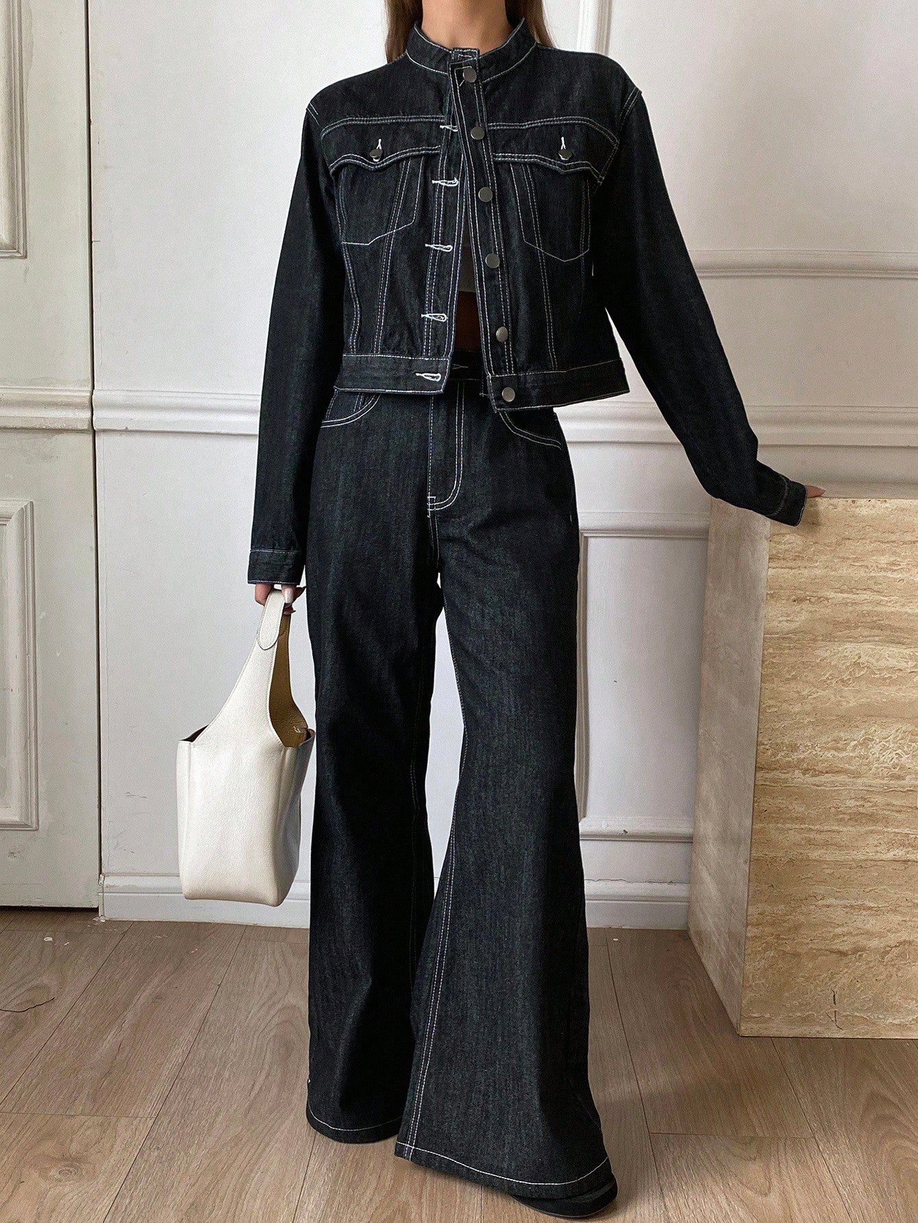 CM-SS778645 Women Casual Seoul Style Round Neck Long Sleeve Denim Jacket With Flared Leg Jeans - Set