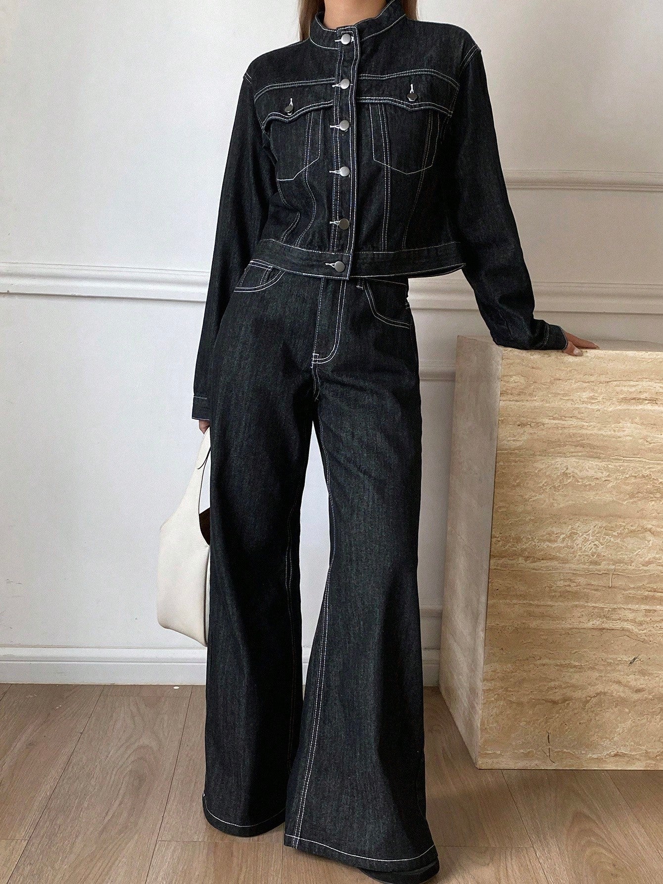 CM-SS778645 Women Casual Seoul Style Round Neck Long Sleeve Denim Jacket With Flared Leg Jeans - Set