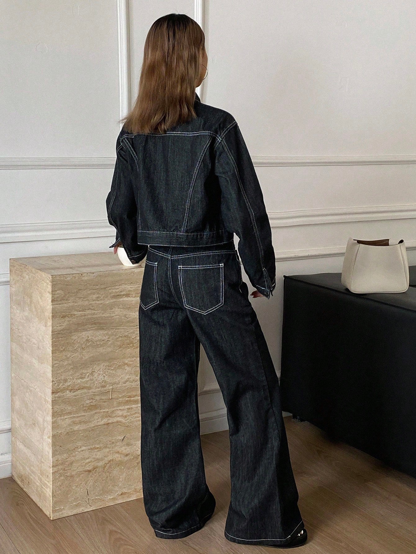 CM-SS778645 Women Casual Seoul Style Round Neck Long Sleeve Denim Jacket With Flared Leg Jeans - Set