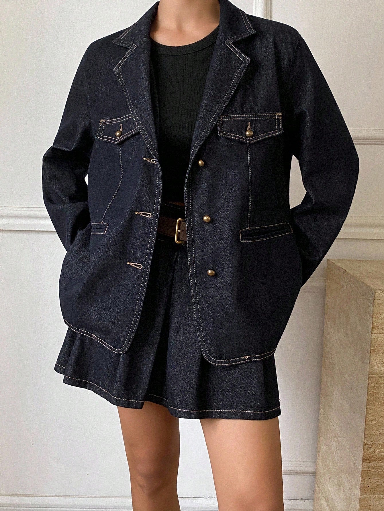 CM-SS120188 Women Casual Seoul Style Lapel Neckline Long Sleeve Loose Denim Jacket With Short Pleated Mini Skirt - Set