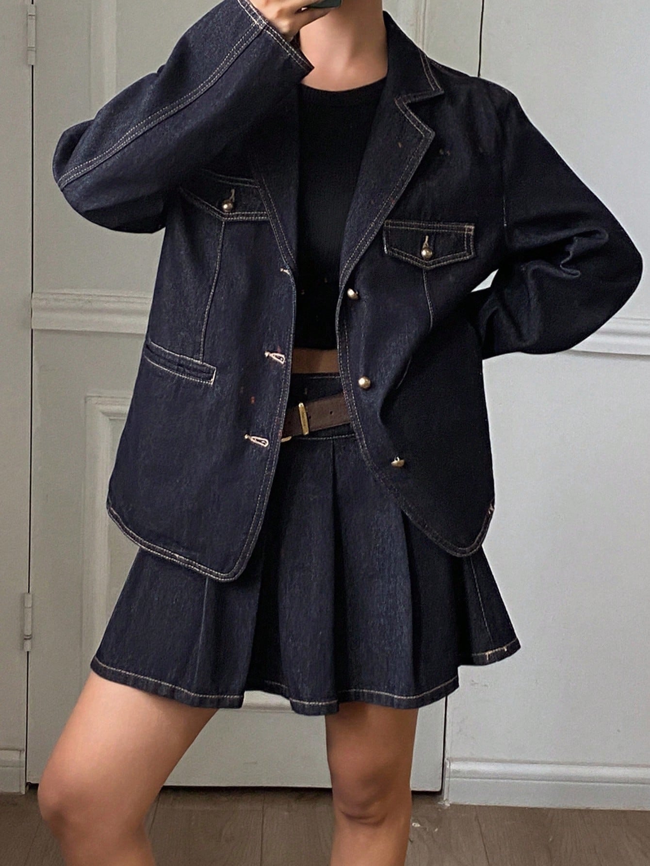 CM-SS120188 Women Casual Seoul Style Lapel Neckline Long Sleeve Loose Denim Jacket With Short Pleated Mini Skirt - Set