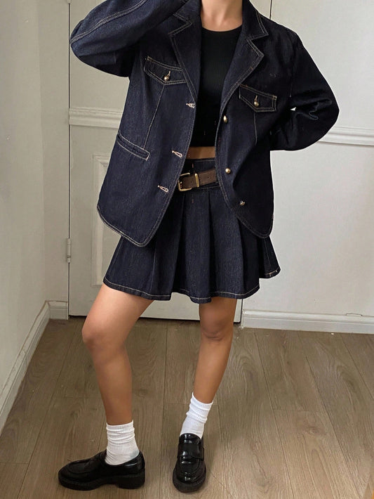 CM-SS120188 Women Casual Seoul Style Lapel Neckline Long Sleeve Loose Denim Jacket With Short Pleated Mini Skirt - Set