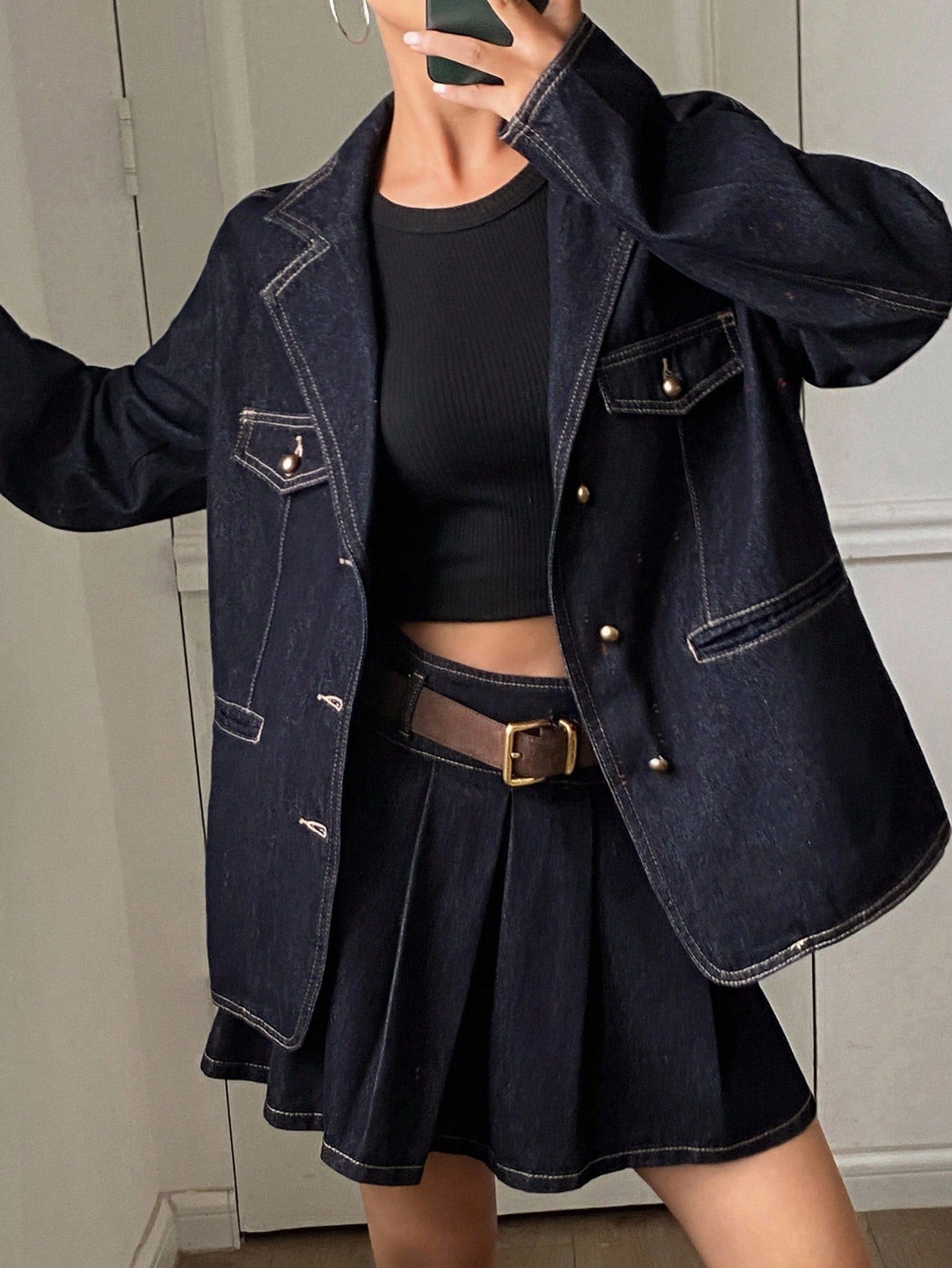 CM-SS120188 Women Casual Seoul Style Lapel Neckline Long Sleeve Loose Denim Jacket With Short Pleated Mini Skirt - Set