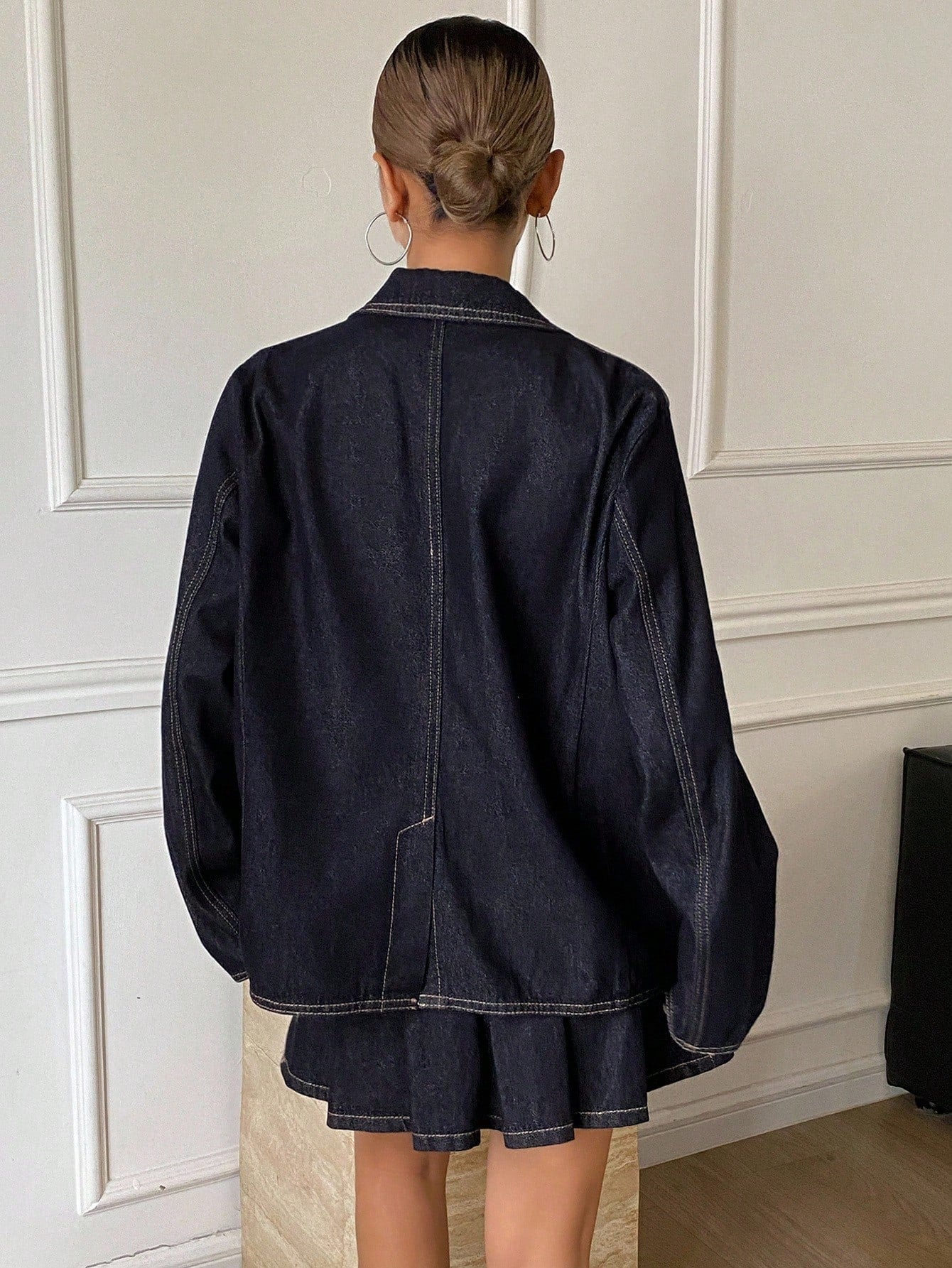 CM-SS120188 Women Casual Seoul Style Lapel Neckline Long Sleeve Loose Denim Jacket With Short Pleated Mini Skirt - Set