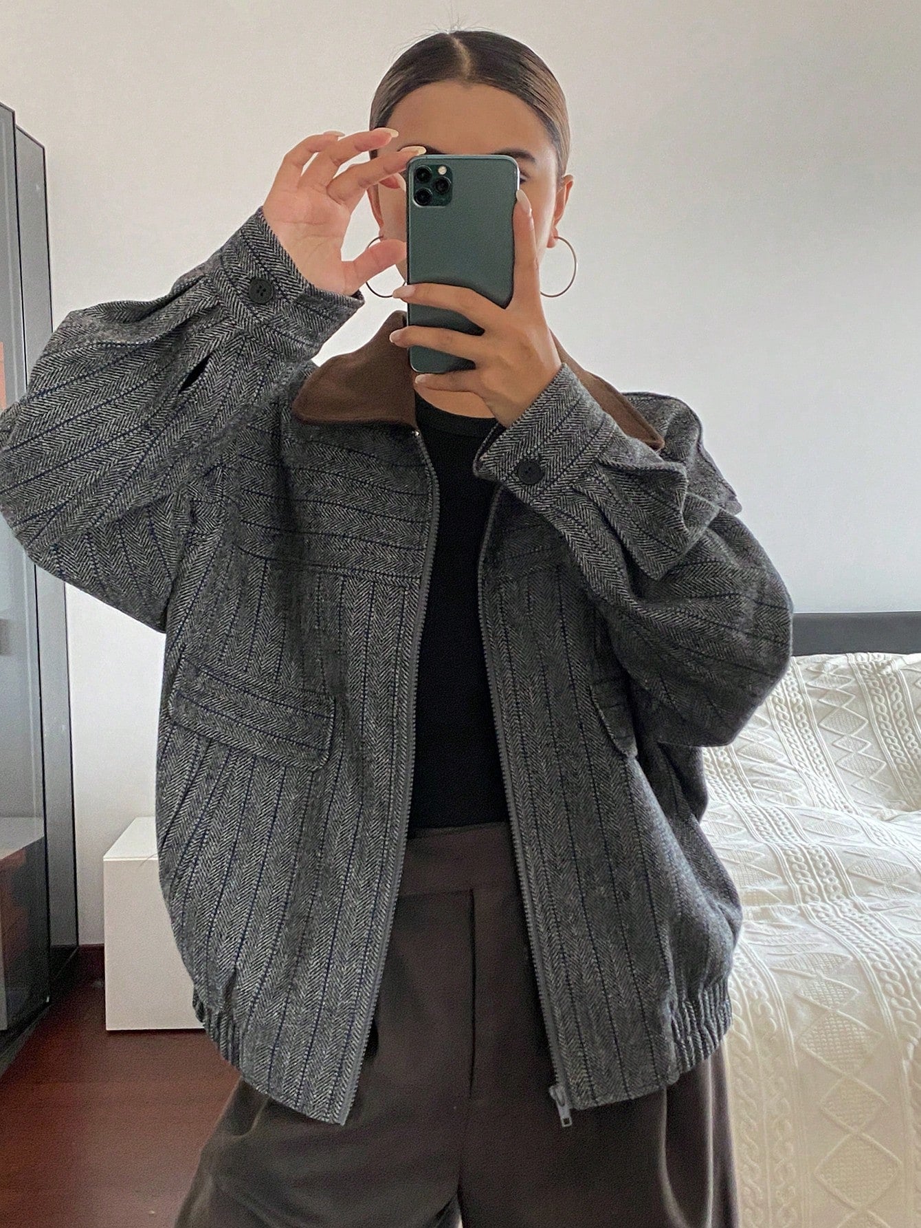 CM-CS938177 Women Elegant Seoul Style Collar Neckline Long Sleeve Plaid Patchwork Wool Blend Jacket - Gray