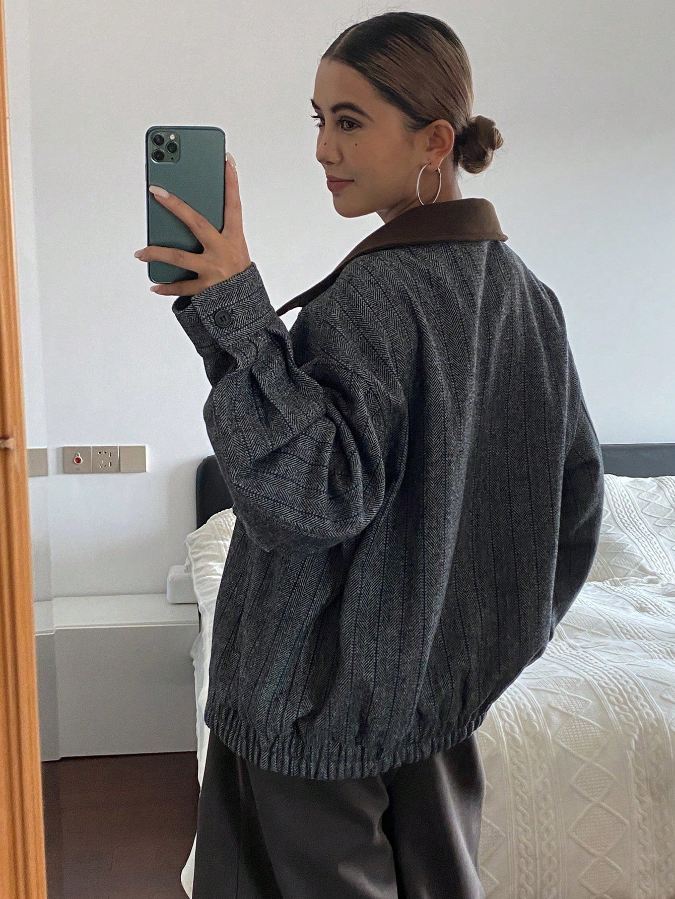 CM-CS938177 Women Elegant Seoul Style Collar Neckline Long Sleeve Plaid Patchwork Wool Blend Jacket - Gray
