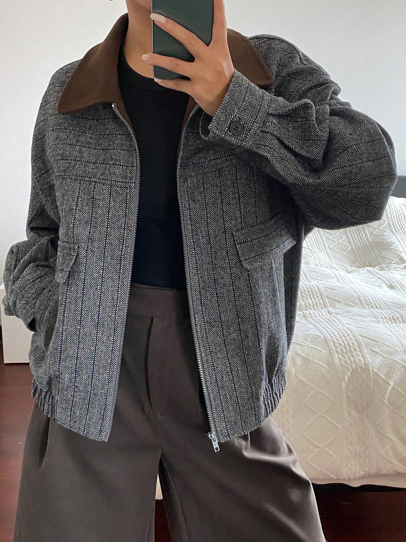 CM-CS938177 Women Elegant Seoul Style Collar Neckline Long Sleeve Plaid Patchwork Wool Blend Jacket - Gray