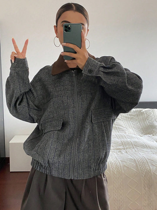 CM-CS938177 Women Elegant Seoul Style Collar Neckline Long Sleeve Plaid Patchwork Wool Blend Jacket - Gray