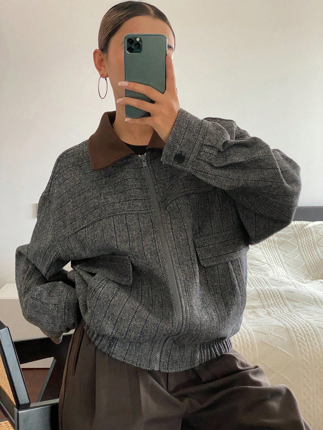 CM-CS938177 Women Elegant Seoul Style Collar Neckline Long Sleeve Plaid Patchwork Wool Blend Jacket - Gray