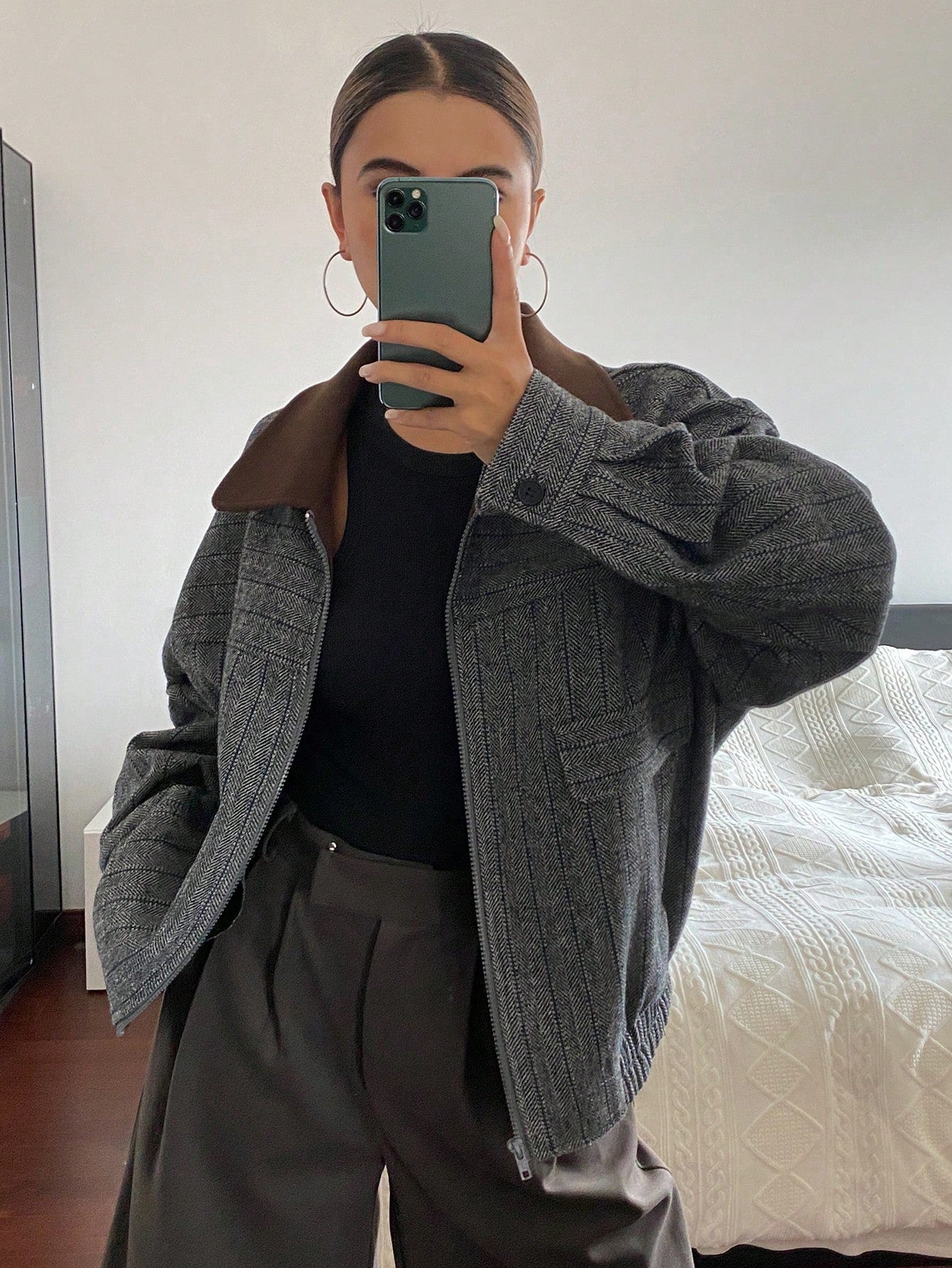CM-CS938177 Women Elegant Seoul Style Collar Neckline Long Sleeve Plaid Patchwork Wool Blend Jacket - Gray