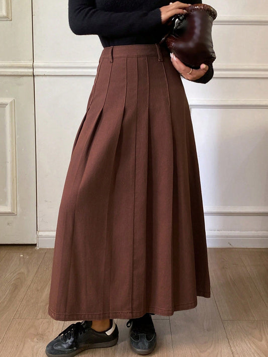 CM-BS104766 Women Casual Seoul Style Mid Waist Washed Pleated Denim A-Line Skirt - Brown