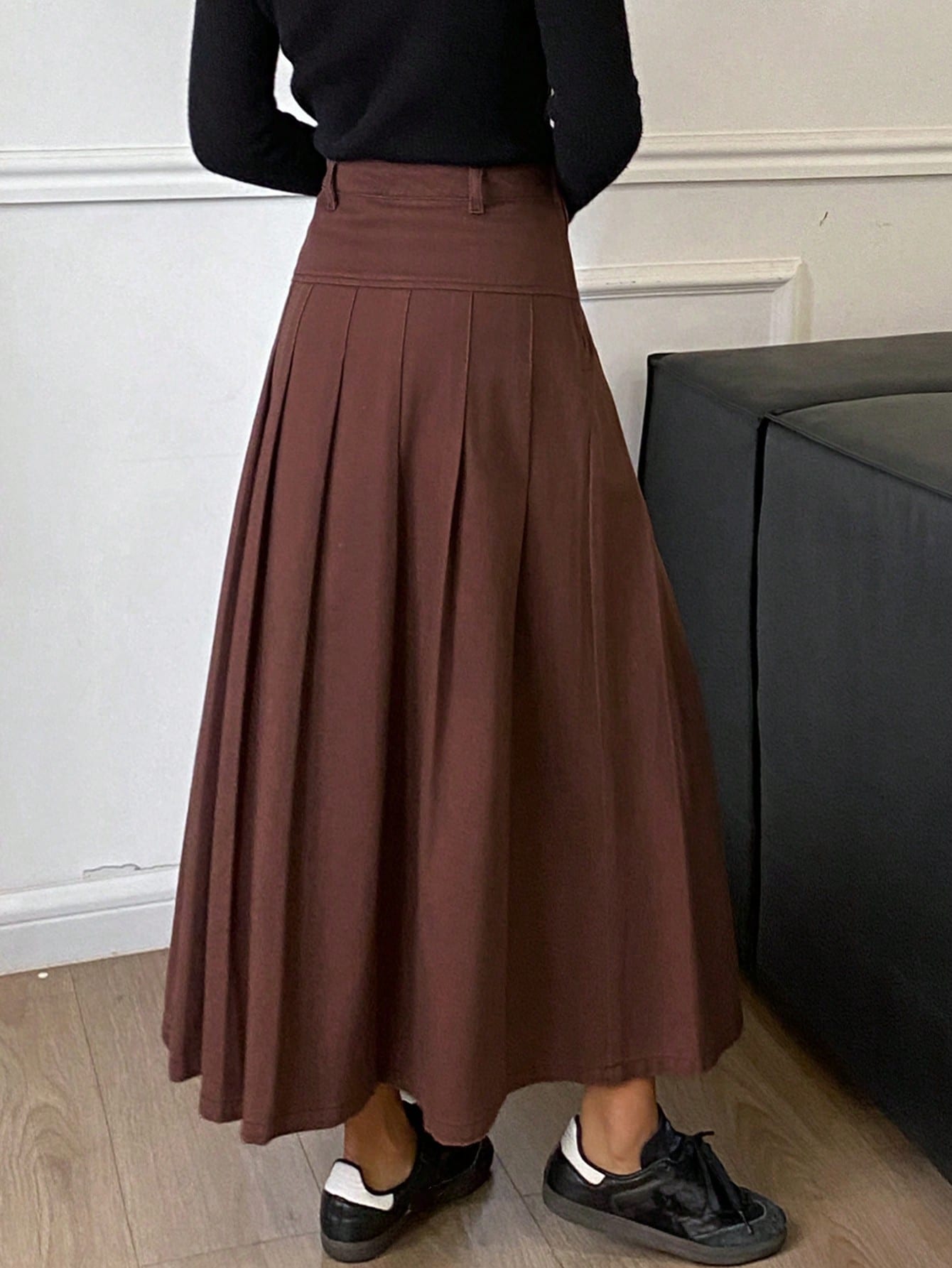 CM-BS104766 Women Casual Seoul Style Mid Waist Washed Pleated Denim A-Line Skirt - Brown