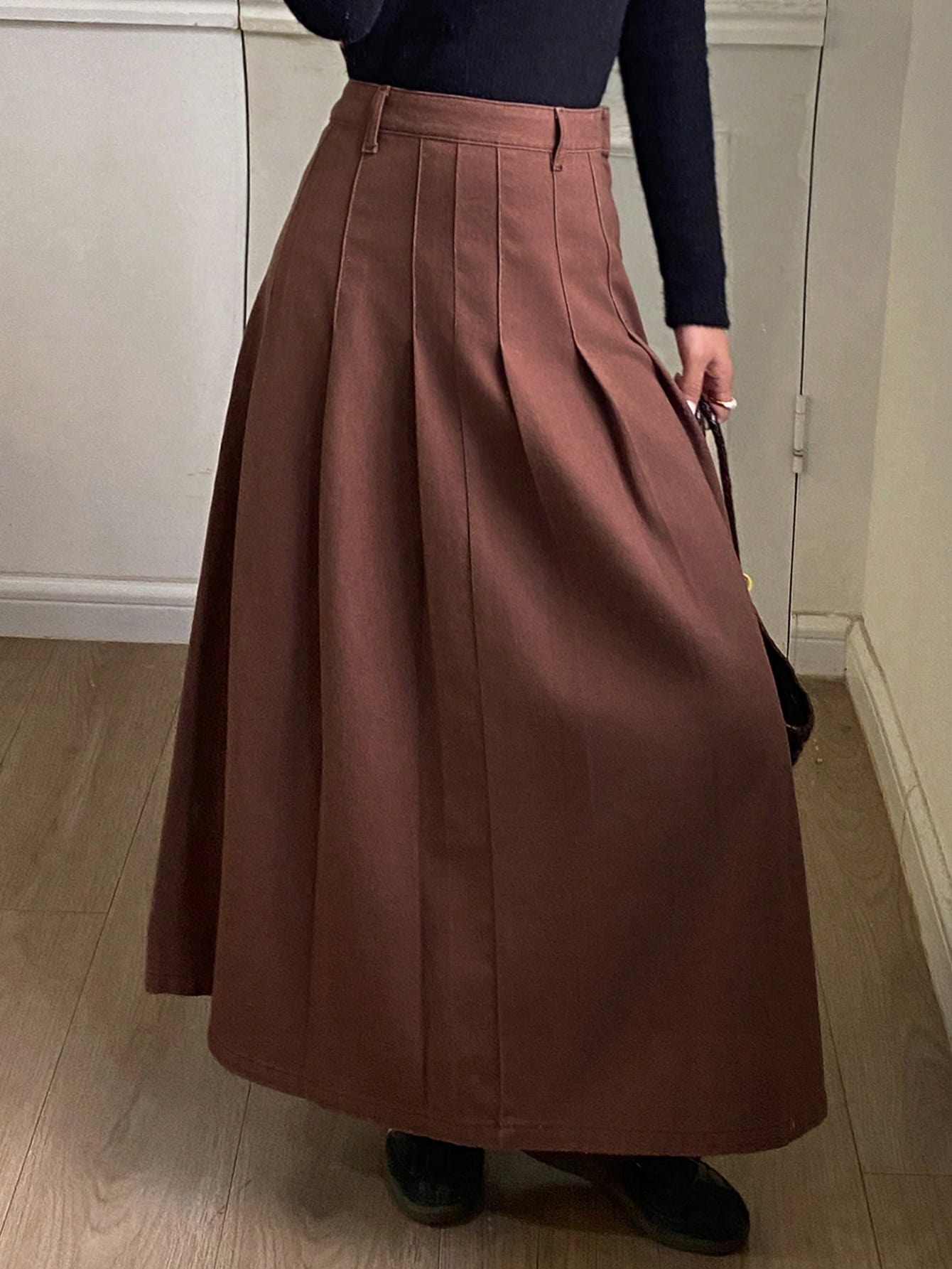 CM-BS104766 Women Casual Seoul Style Mid Waist Washed Pleated Denim A-Line Skirt - Brown