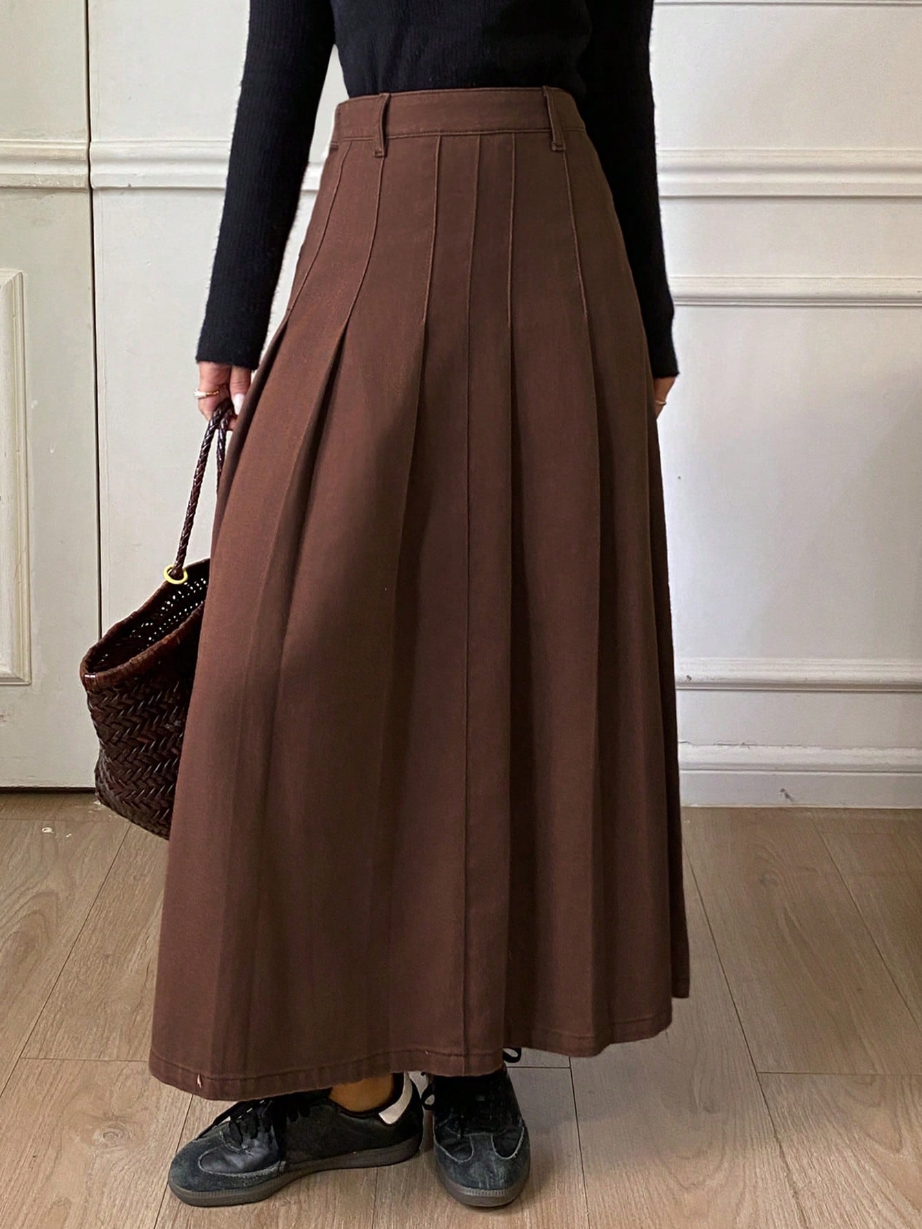 CM-BS104766 Women Casual Seoul Style Mid Waist Washed Pleated Denim A-Line Skirt - Brown