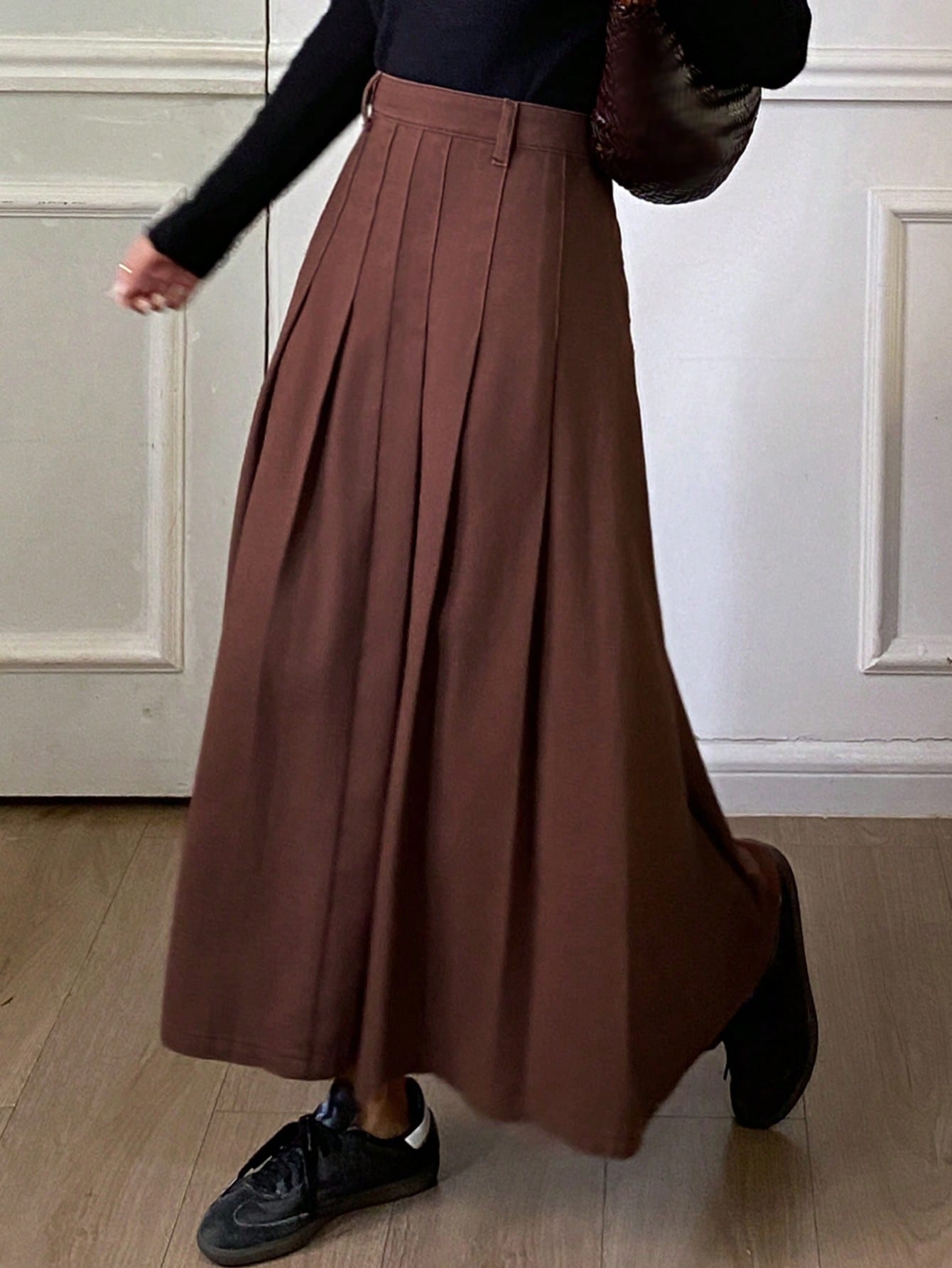 CM-BS104766 Women Casual Seoul Style Mid Waist Washed Pleated Denim A-Line Skirt - Brown