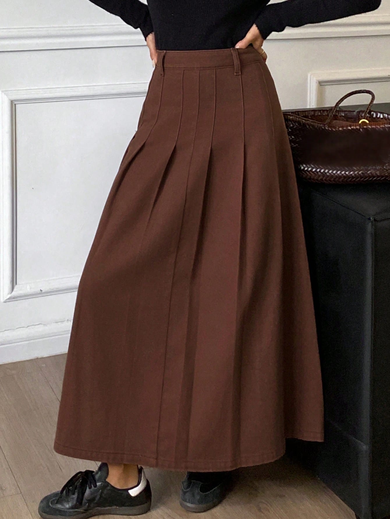 CM-BS104766 Women Casual Seoul Style Mid Waist Washed Pleated Denim A-Line Skirt - Brown