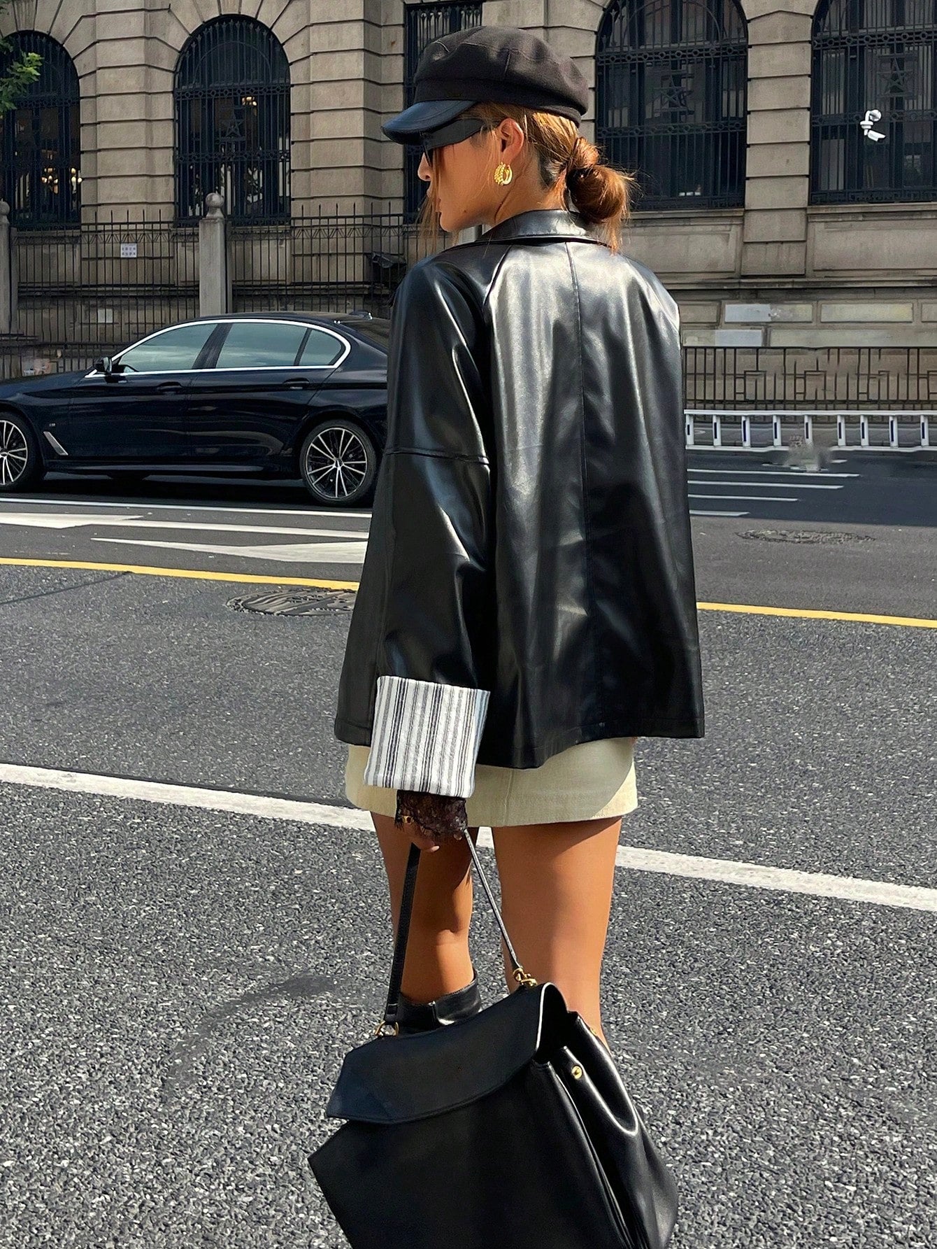 CM-CS886492 Women Elegant Seoul Style Collar Neckline Long Sleeve Striped Color Block PU Leather Jacket - Black