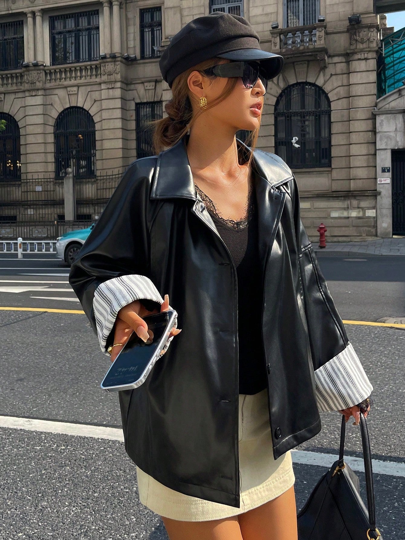 CM-CS886492 Women Elegant Seoul Style Collar Neckline Long Sleeve Striped Color Block PU Leather Jacket - Black