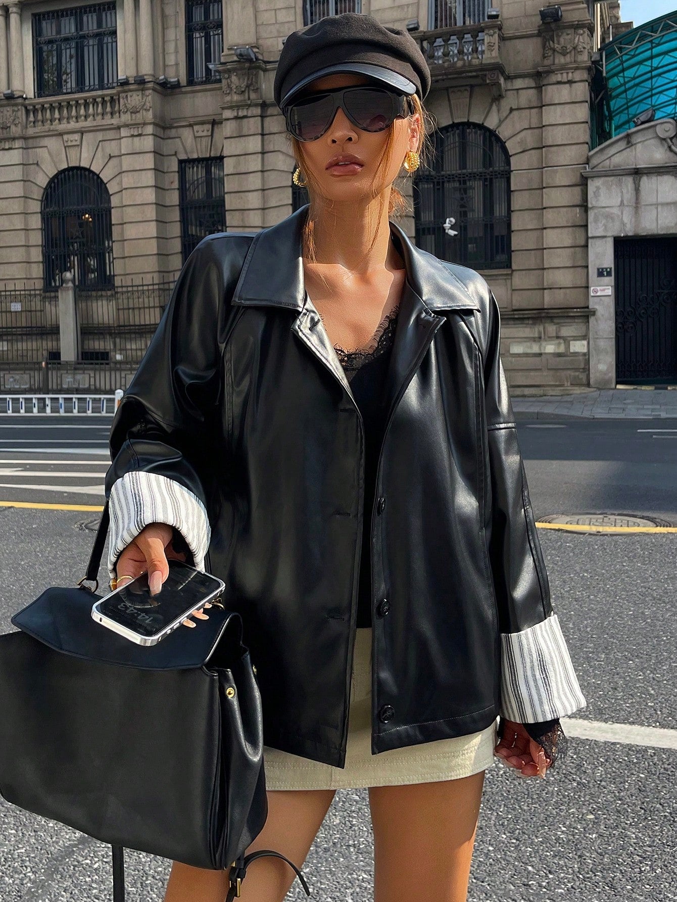 CM-CS886492 Women Elegant Seoul Style Collar Neckline Long Sleeve Striped Color Block PU Leather Jacket - Black
