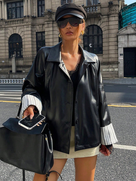 CM-CS886492 Women Elegant Seoul Style Collar Neckline Long Sleeve Striped Color Block PU Leather Jacket - Black