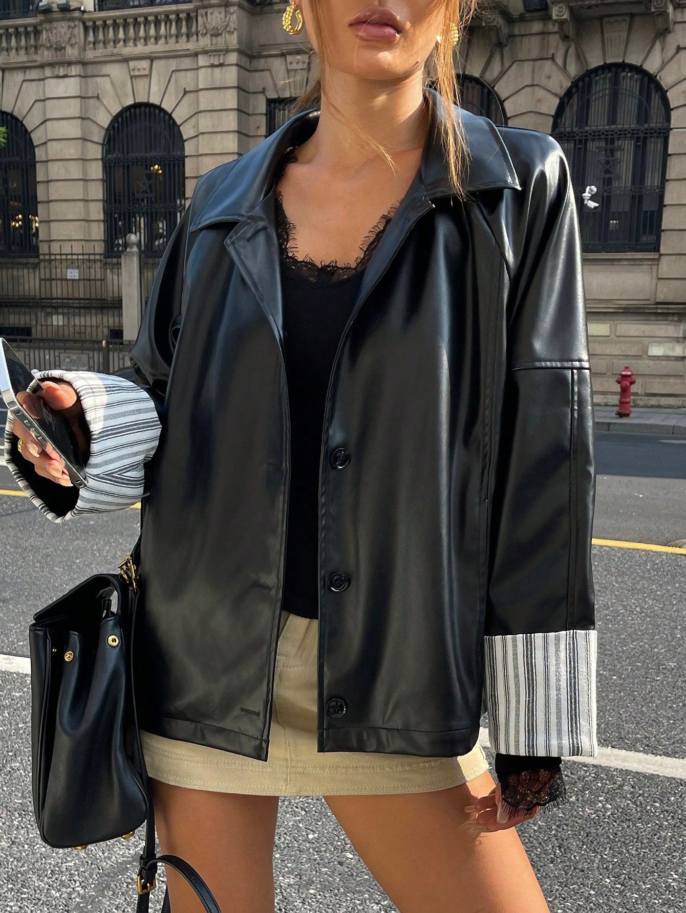 CM-CS886492 Women Elegant Seoul Style Collar Neckline Long Sleeve Striped Color Block PU Leather Jacket - Black