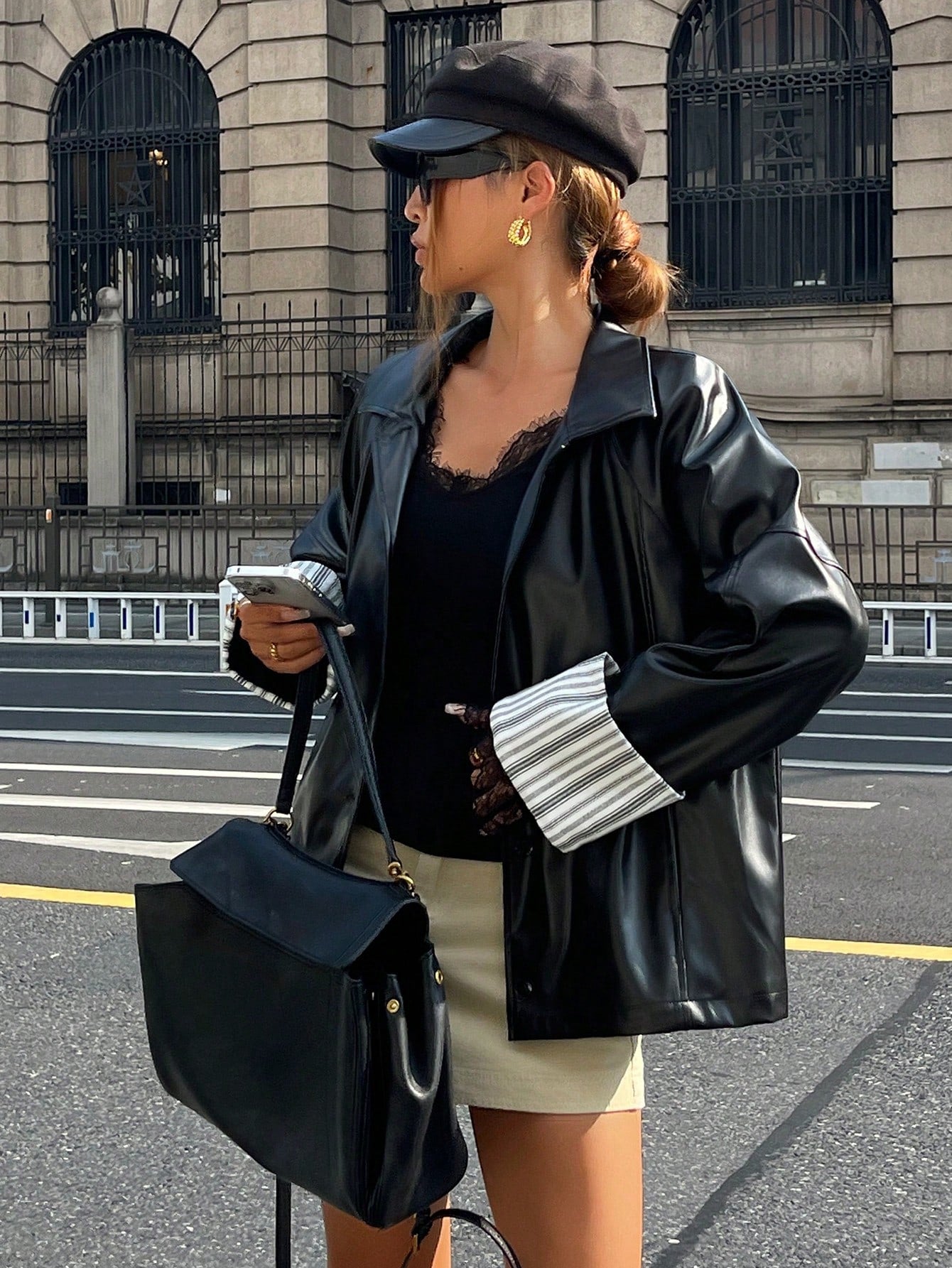 CM-CS886492 Women Elegant Seoul Style Collar Neckline Long Sleeve Striped Color Block PU Leather Jacket - Black