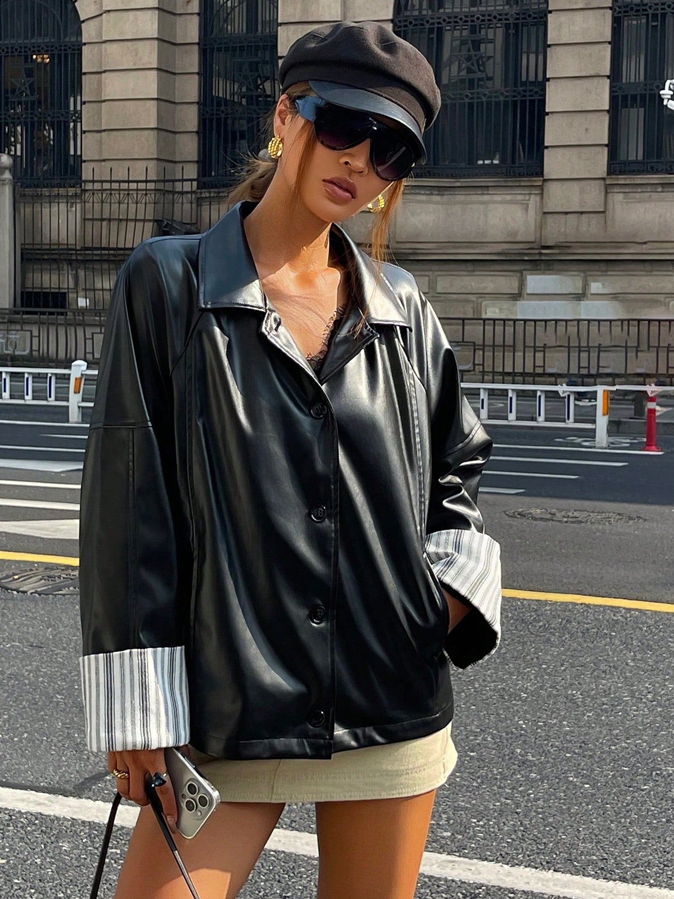 CM-CS886492 Women Elegant Seoul Style Collar Neckline Long Sleeve Striped Color Block PU Leather Jacket - Black
