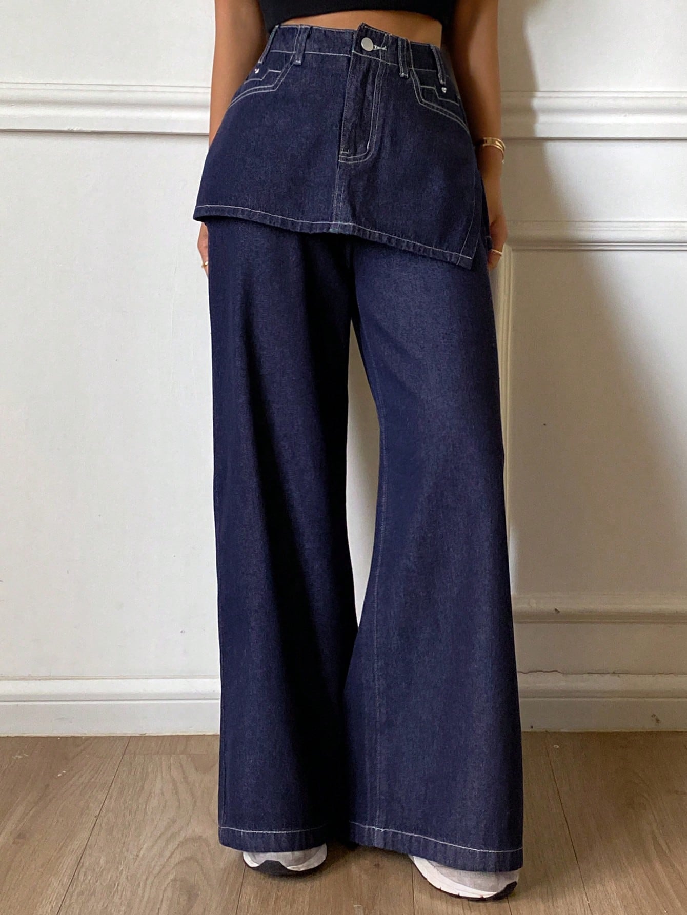 CM-BS648150 Women Casual Seoul Style Mid Waist Loose Wide Leg Pants With Skirt - Blue