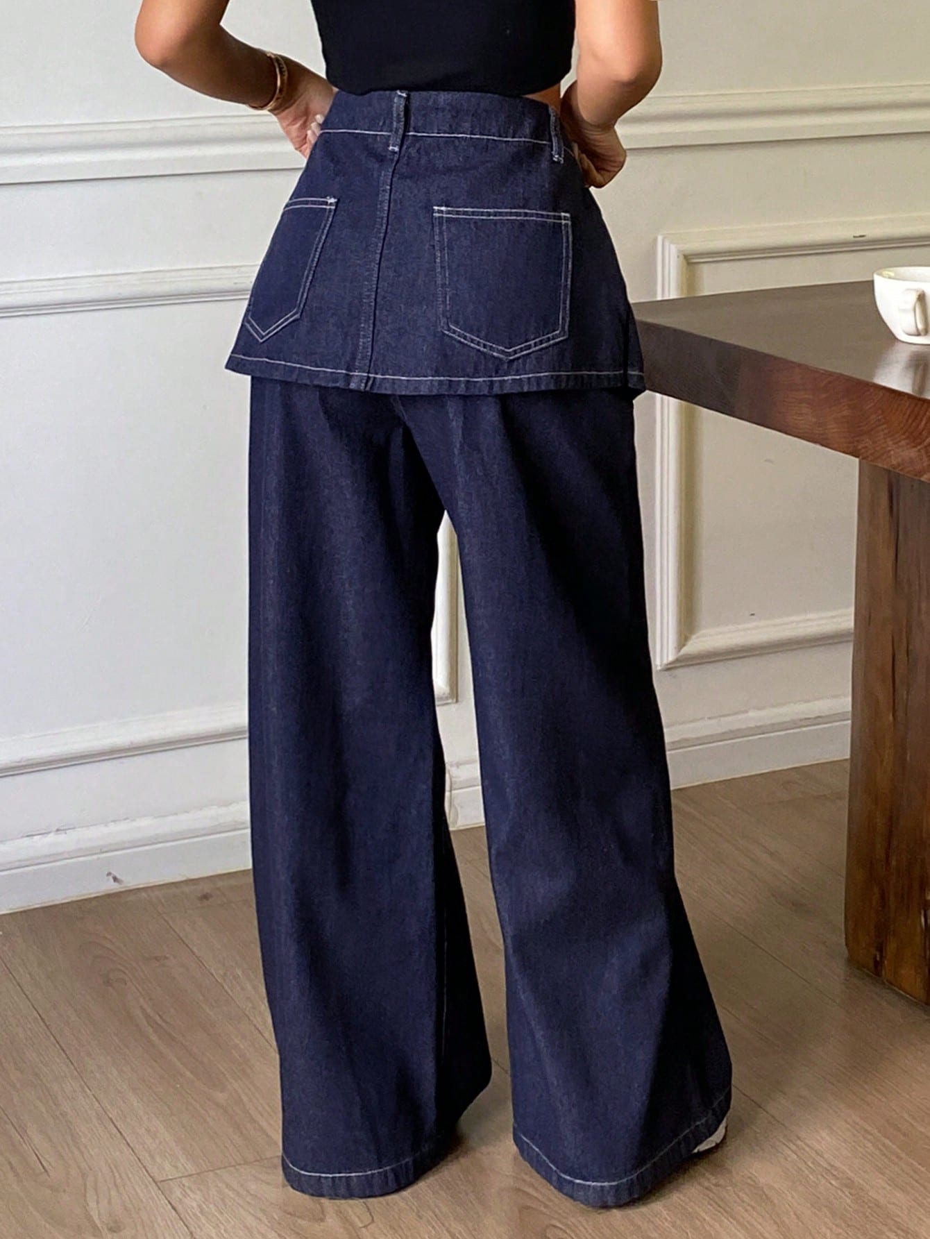 CM-BS648150 Women Casual Seoul Style Mid Waist Loose Wide Leg Pants With Skirt - Blue