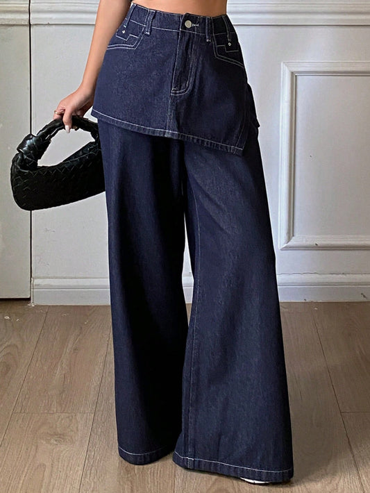 CM-BS648150 Women Casual Seoul Style Mid Waist Loose Wide Leg Pants With Skirt - Blue