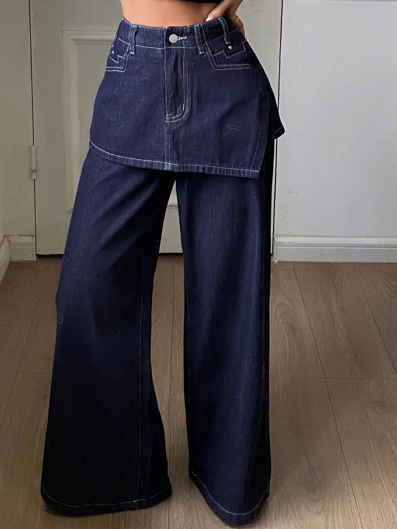 CM-BS648150 Women Casual Seoul Style Mid Waist Loose Wide Leg Pants With Skirt - Blue