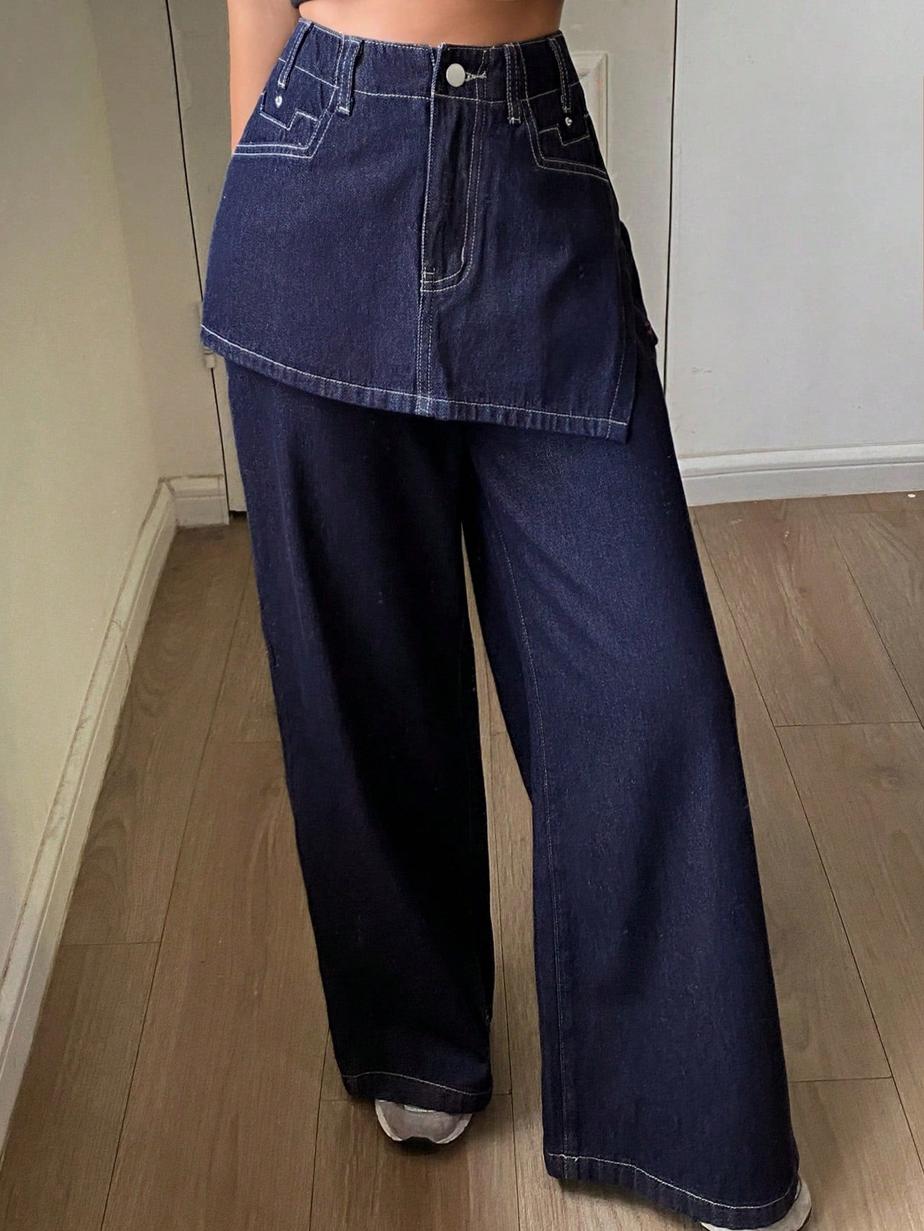 CM-BS648150 Women Casual Seoul Style Mid Waist Loose Wide Leg Pants With Skirt - Blue