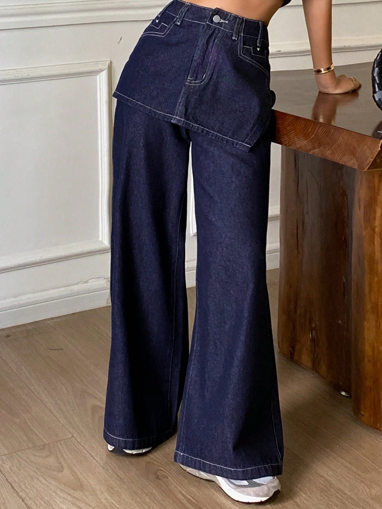 CM-BS648150 Women Casual Seoul Style Mid Waist Loose Wide Leg Pants With Skirt - Blue