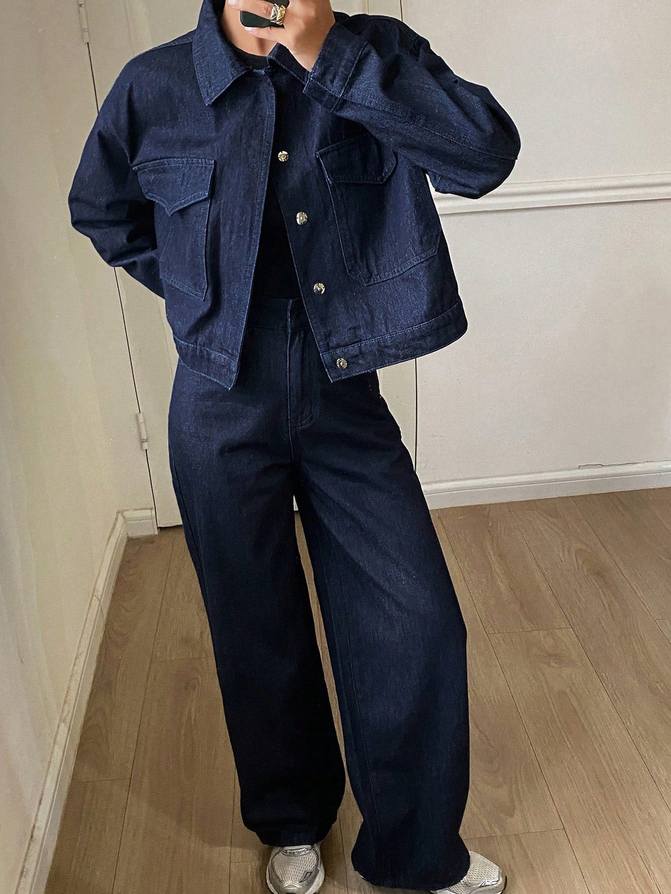 CM-SS319599 Women Casual Seoul Style Dark Wash Solid Color Denim Jacket With Wide Leg Jeans - Set
