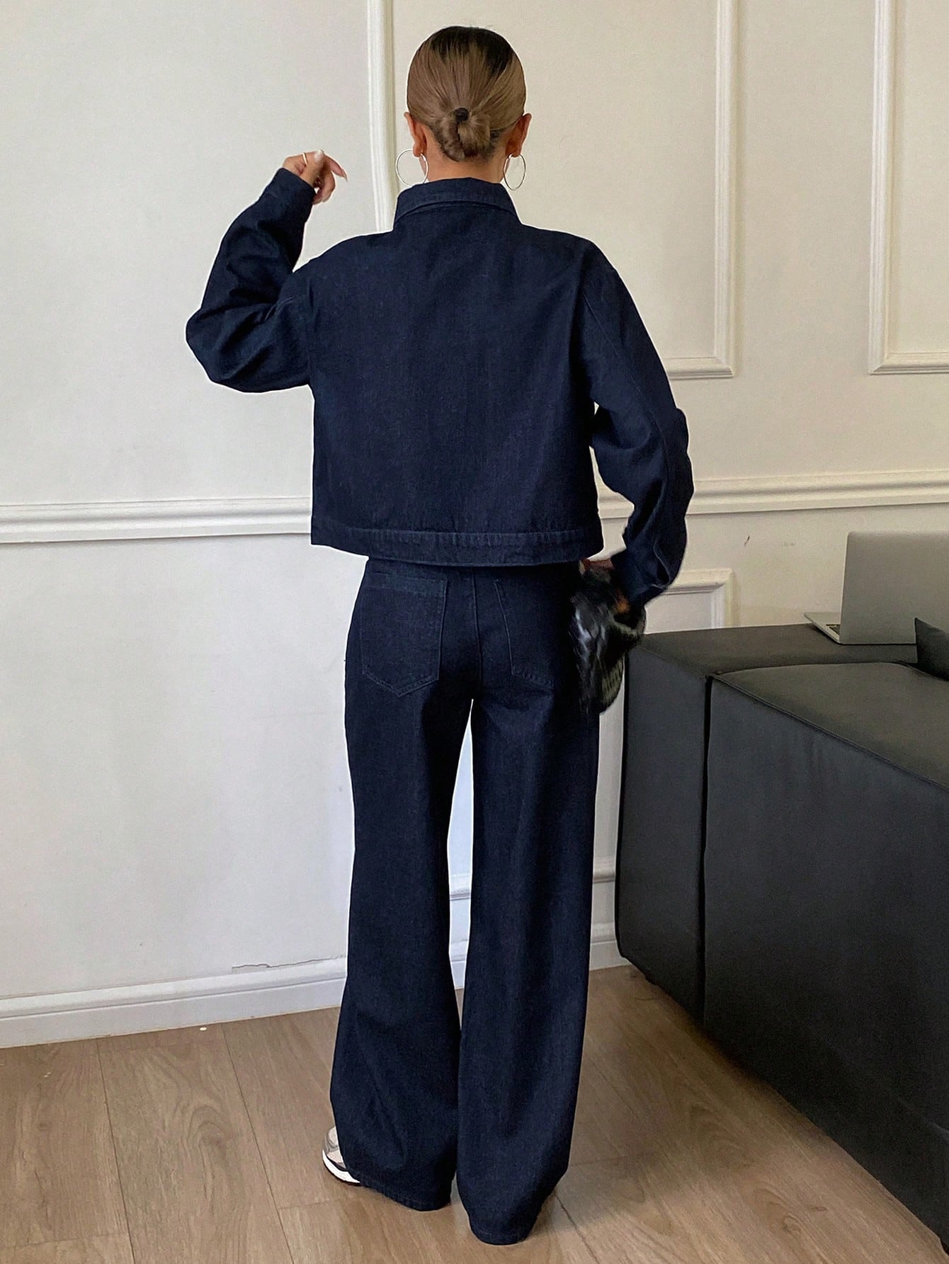 CM-SS319599 Women Casual Seoul Style Dark Wash Solid Color Denim Jacket With Wide Leg Jeans - Set
