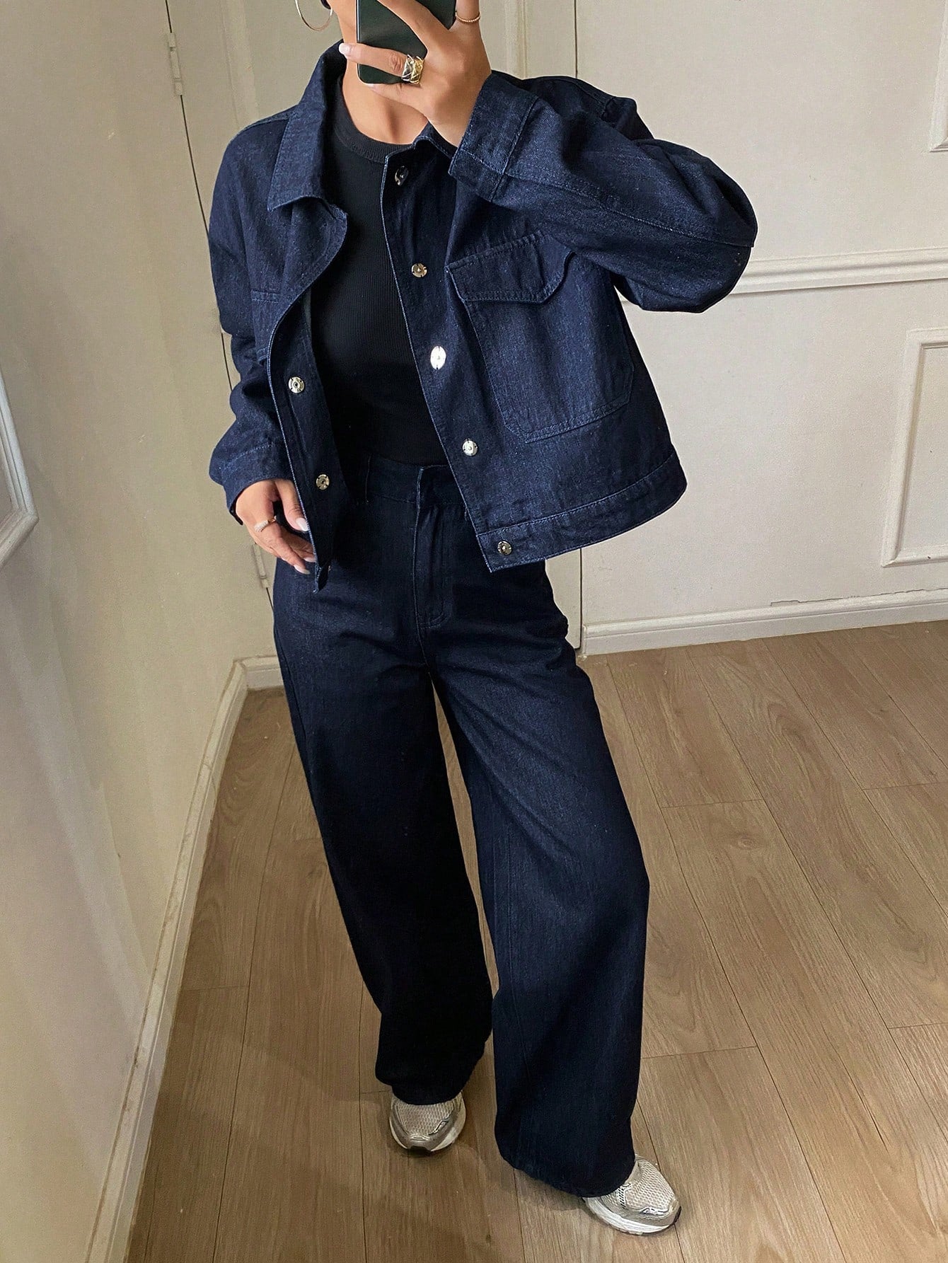CM-SS319599 Women Casual Seoul Style Dark Wash Solid Color Denim Jacket With Wide Leg Jeans - Set