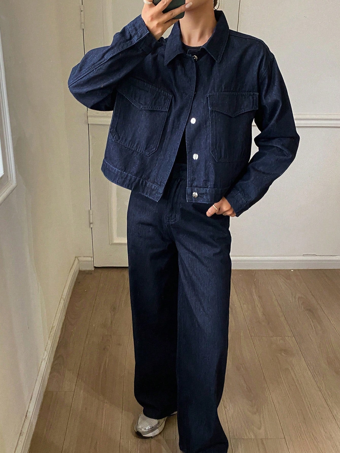 CM-SS319599 Women Casual Seoul Style Dark Wash Solid Color Denim Jacket With Wide Leg Jeans - Set