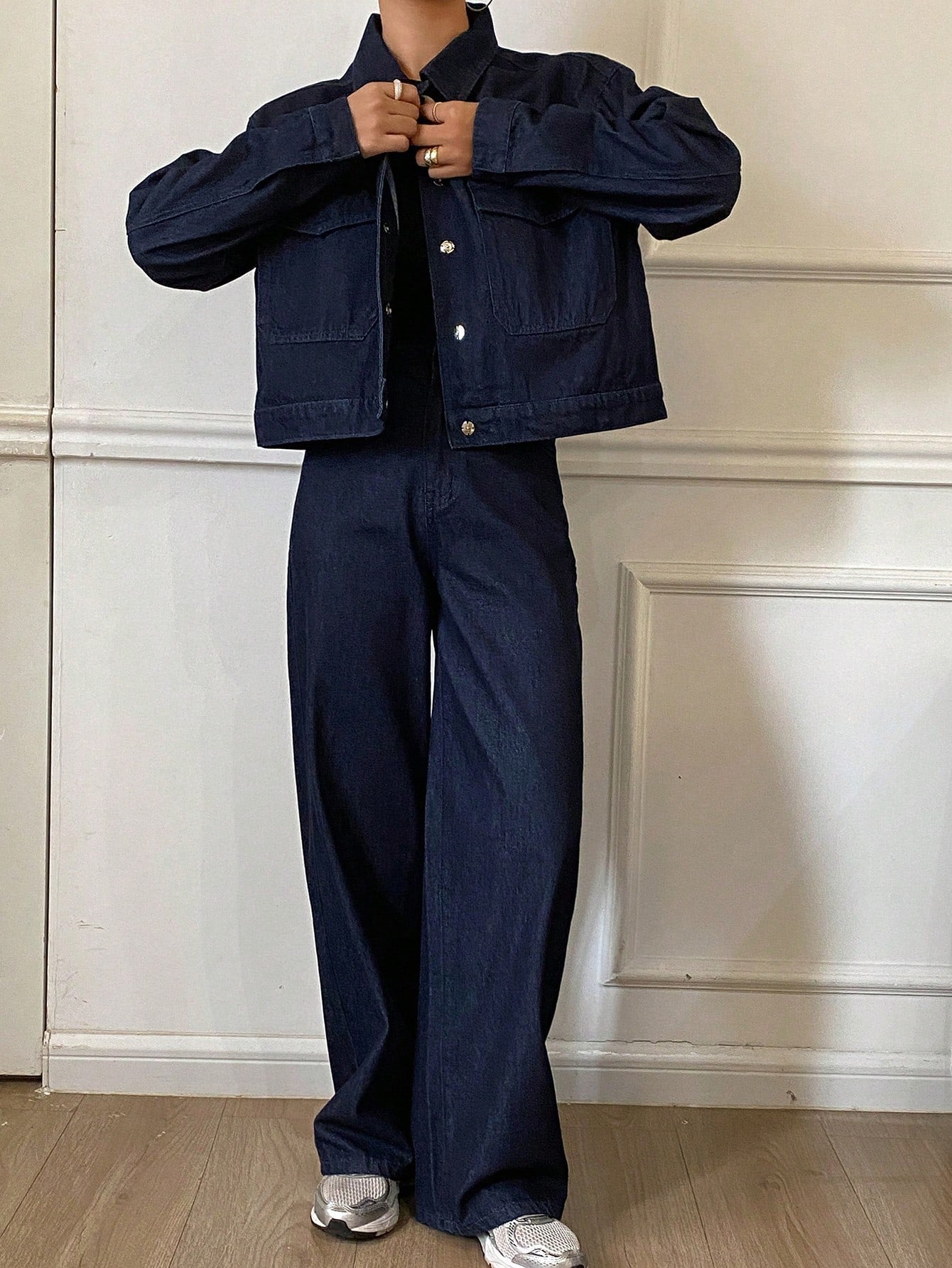 CM-SS319599 Women Casual Seoul Style Dark Wash Solid Color Denim Jacket With Wide Leg Jeans - Set