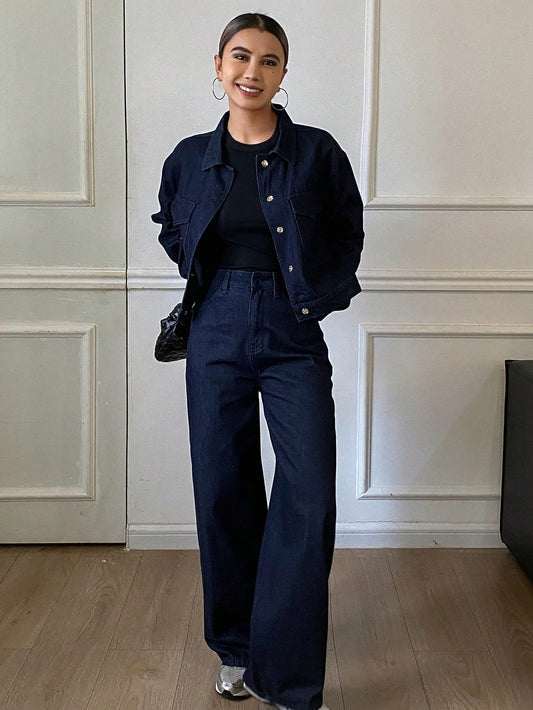 CM-SS319599 Women Casual Seoul Style Dark Wash Solid Color Denim Jacket With Wide Leg Jeans - Set