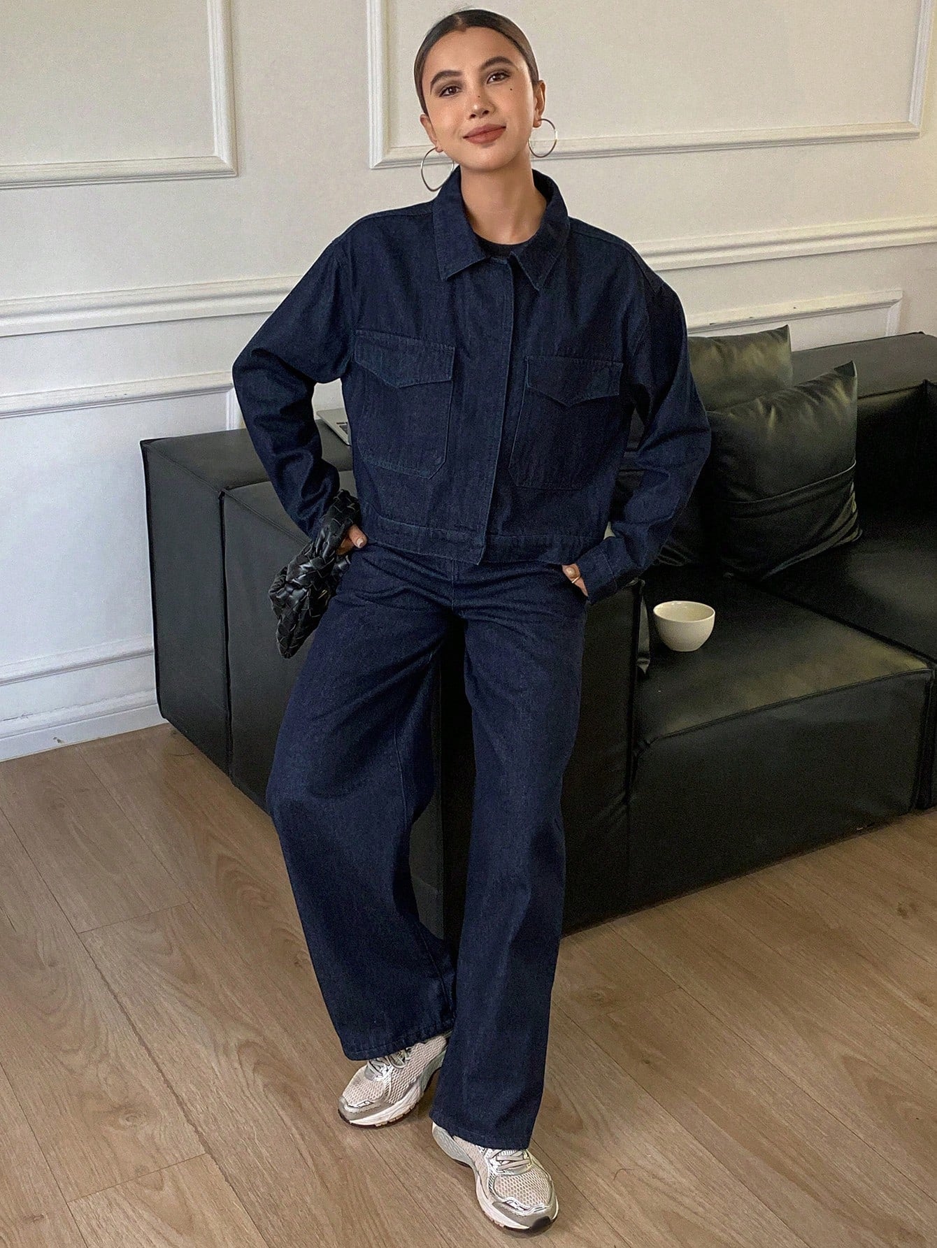 CM-SS319599 Women Casual Seoul Style Dark Wash Solid Color Denim Jacket With Wide Leg Jeans - Set