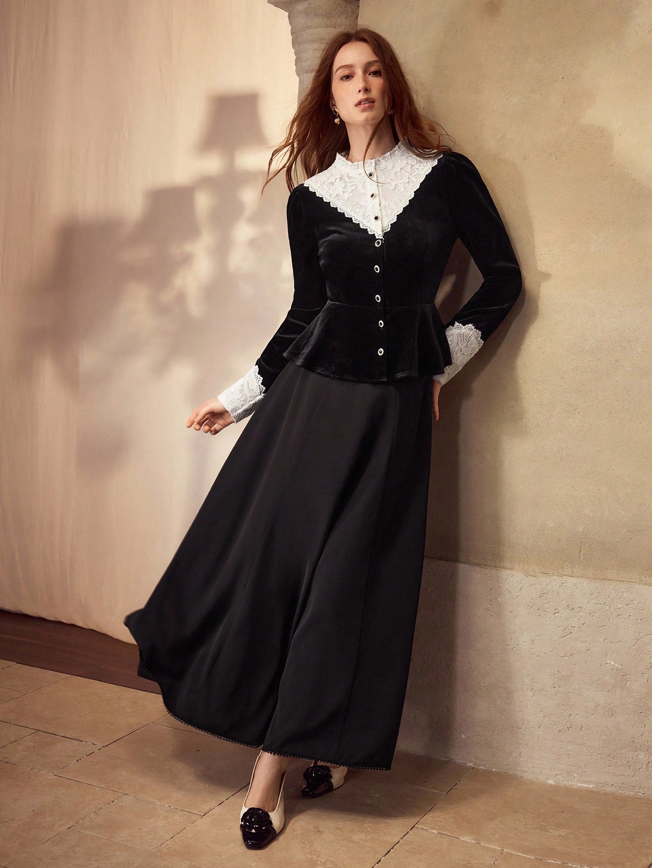 CM-TS495294 Women Elegant Seoul Style Stand Collar Long Sleeve Velvet Contrast Lace Blouse - Black