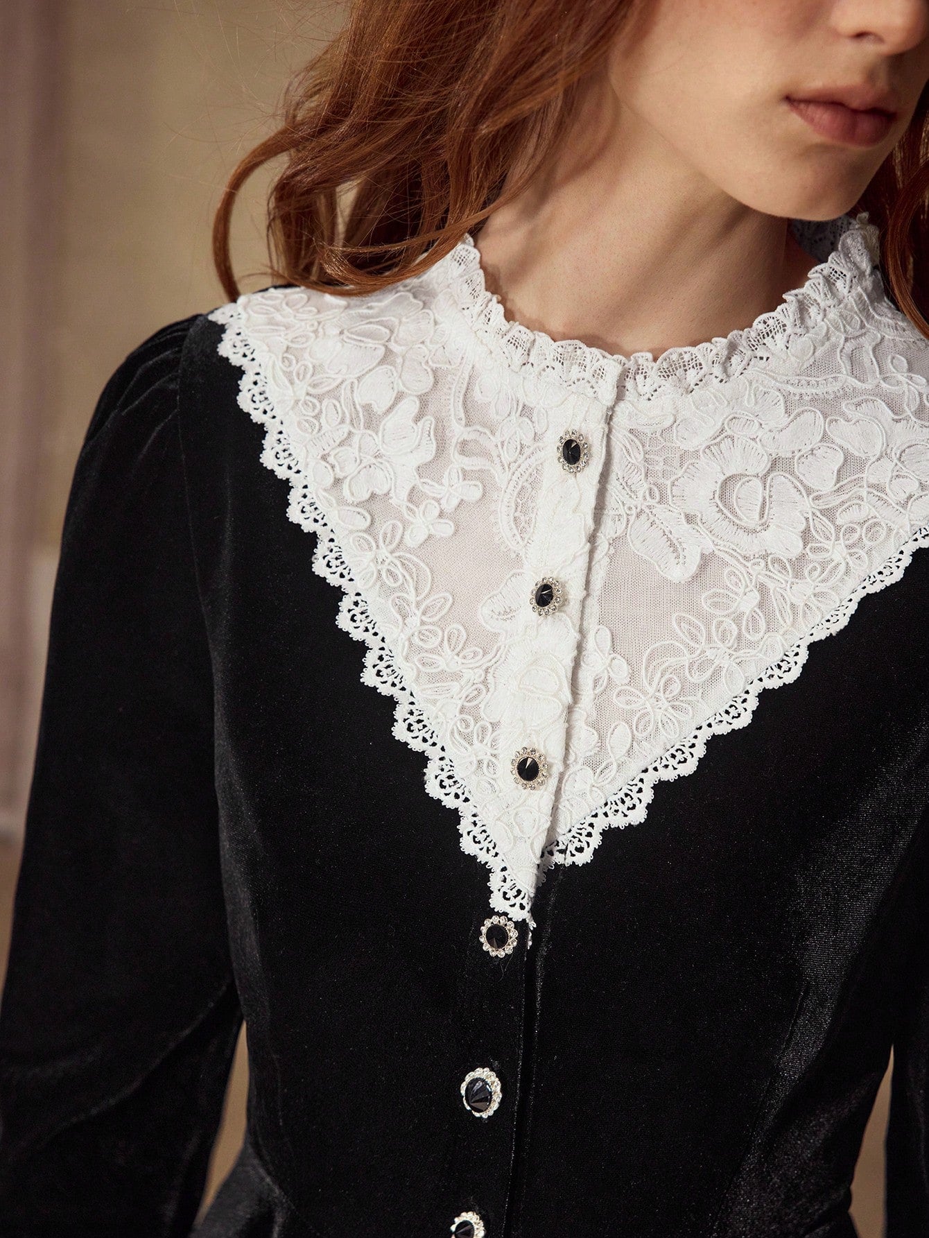 CM-TS495294 Women Elegant Seoul Style Stand Collar Long Sleeve Velvet Contrast Lace Blouse - Black