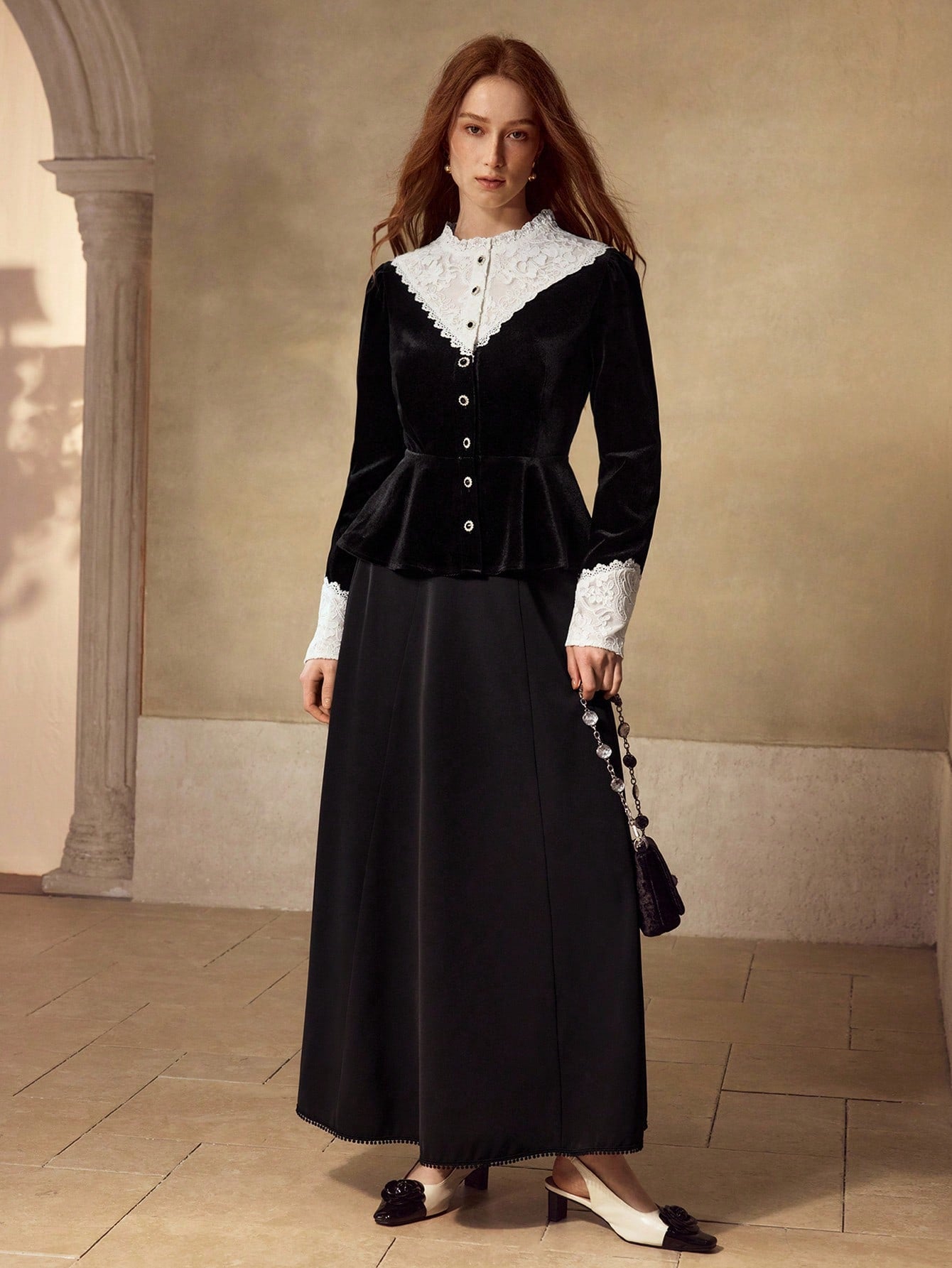 CM-TS495294 Women Elegant Seoul Style Stand Collar Long Sleeve Velvet Contrast Lace Blouse - Black