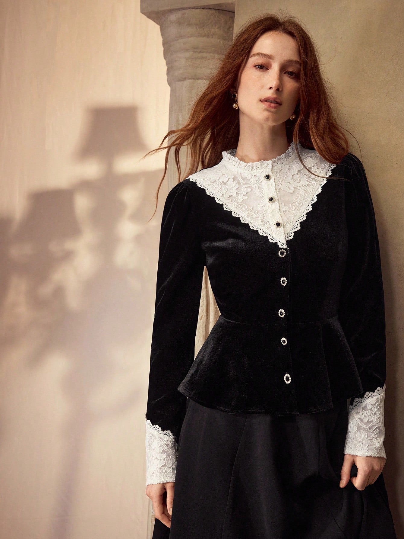CM-TS495294 Women Elegant Seoul Style Stand Collar Long Sleeve Velvet Contrast Lace Blouse - Black