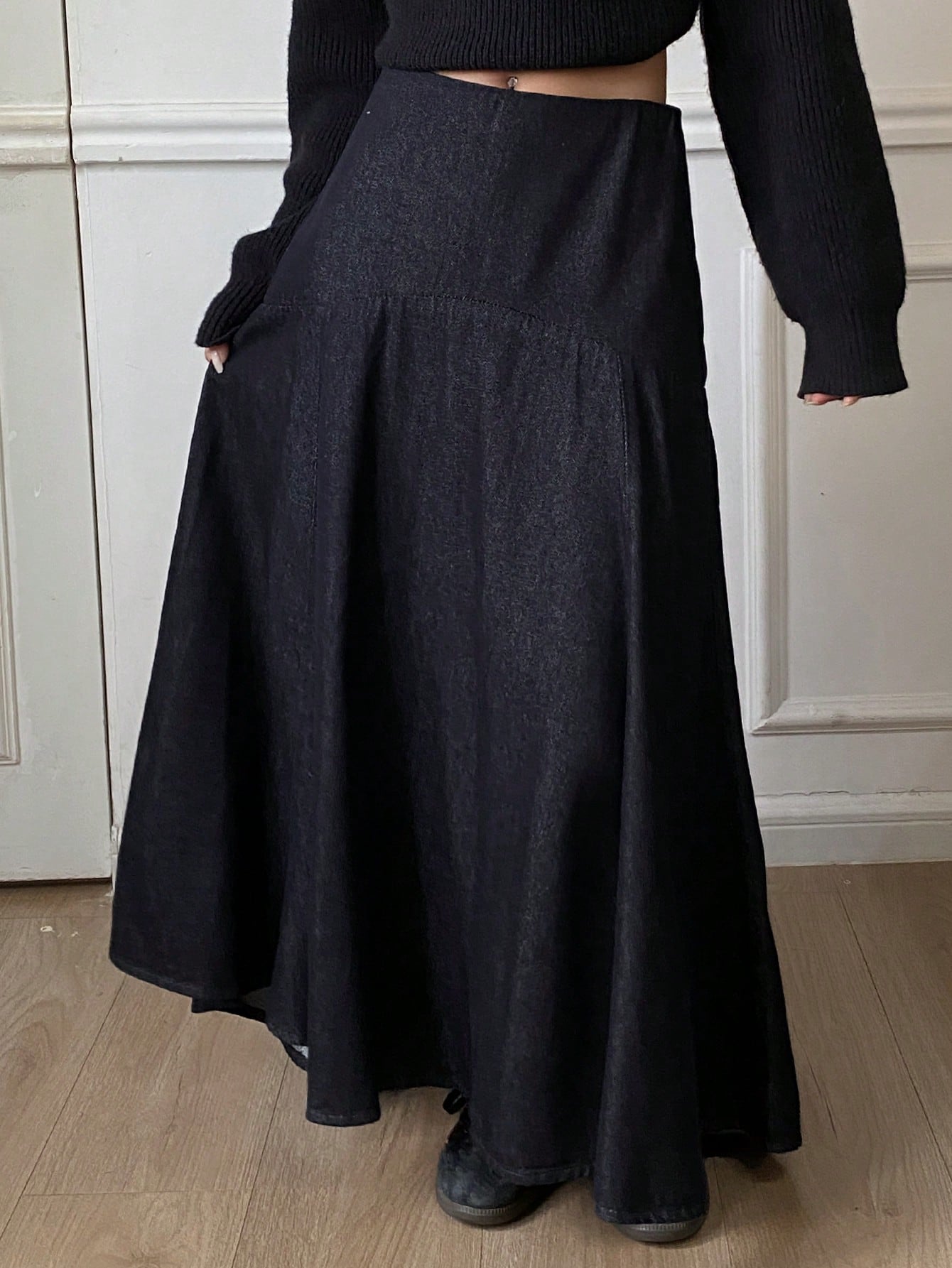 CM-BS264402 Women Casual Seoul Style Solid Color Mid Waist Flared Denim Skirt - Blue