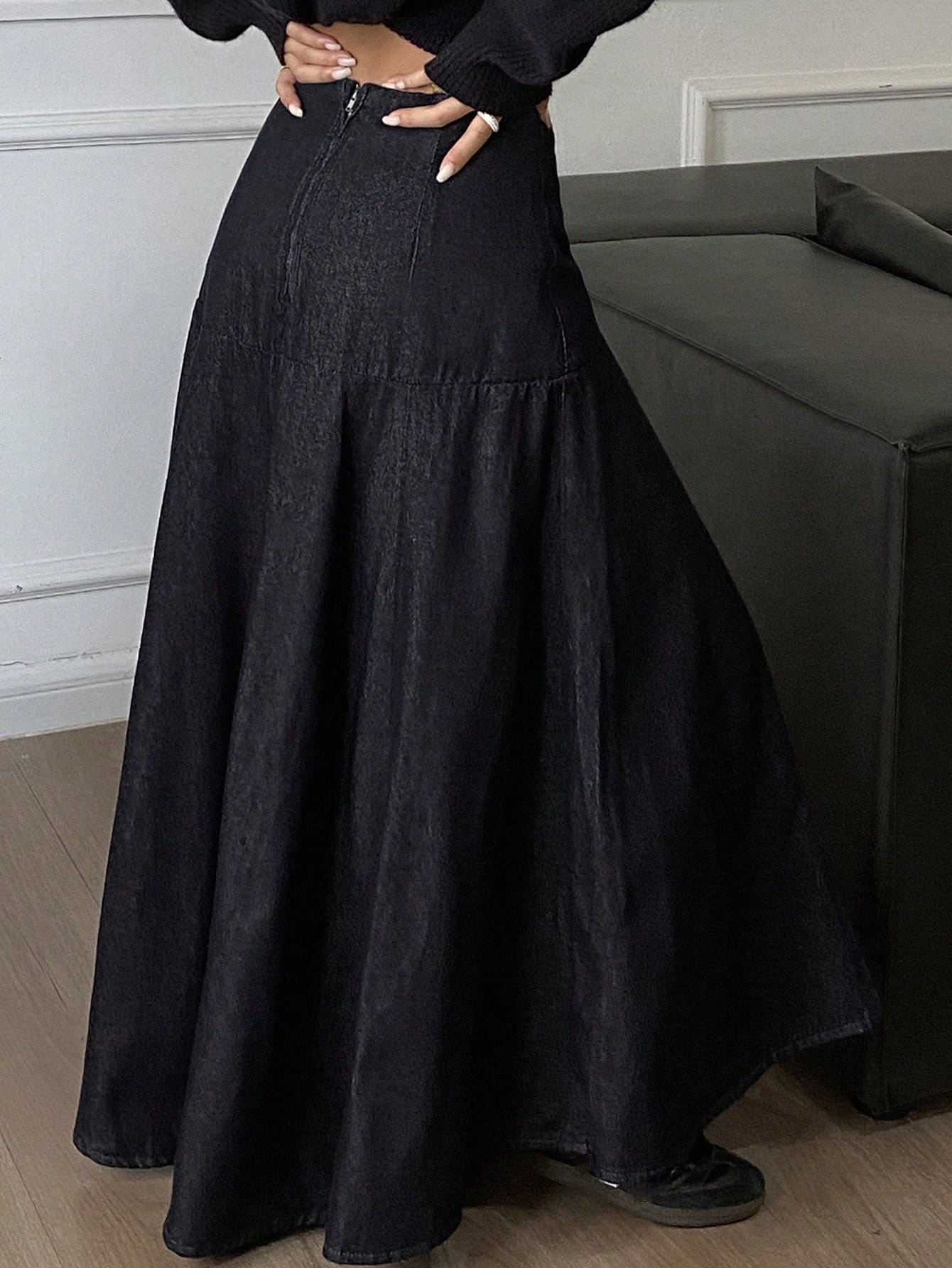 CM-BS264402 Women Casual Seoul Style Solid Color Mid Waist Flared Denim Skirt - Blue